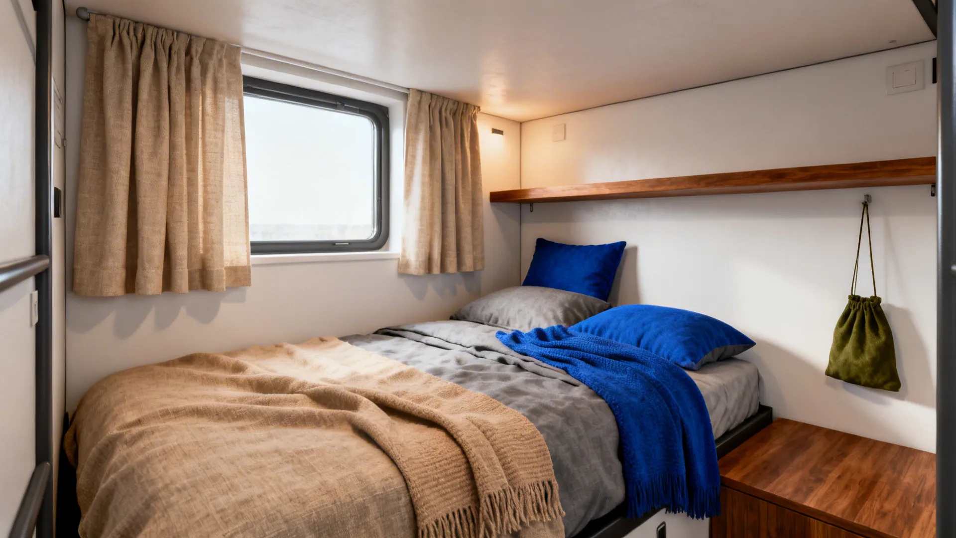 Neutral hostel bedding with a single cobalt blue accent throw and cushion creating a spacious feel.
