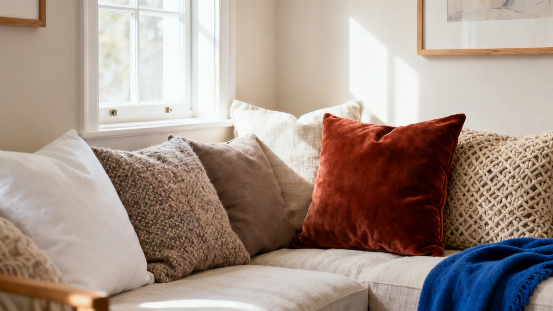 Layered neutral living room with textured fabrics and a single rust and cobalt accent.