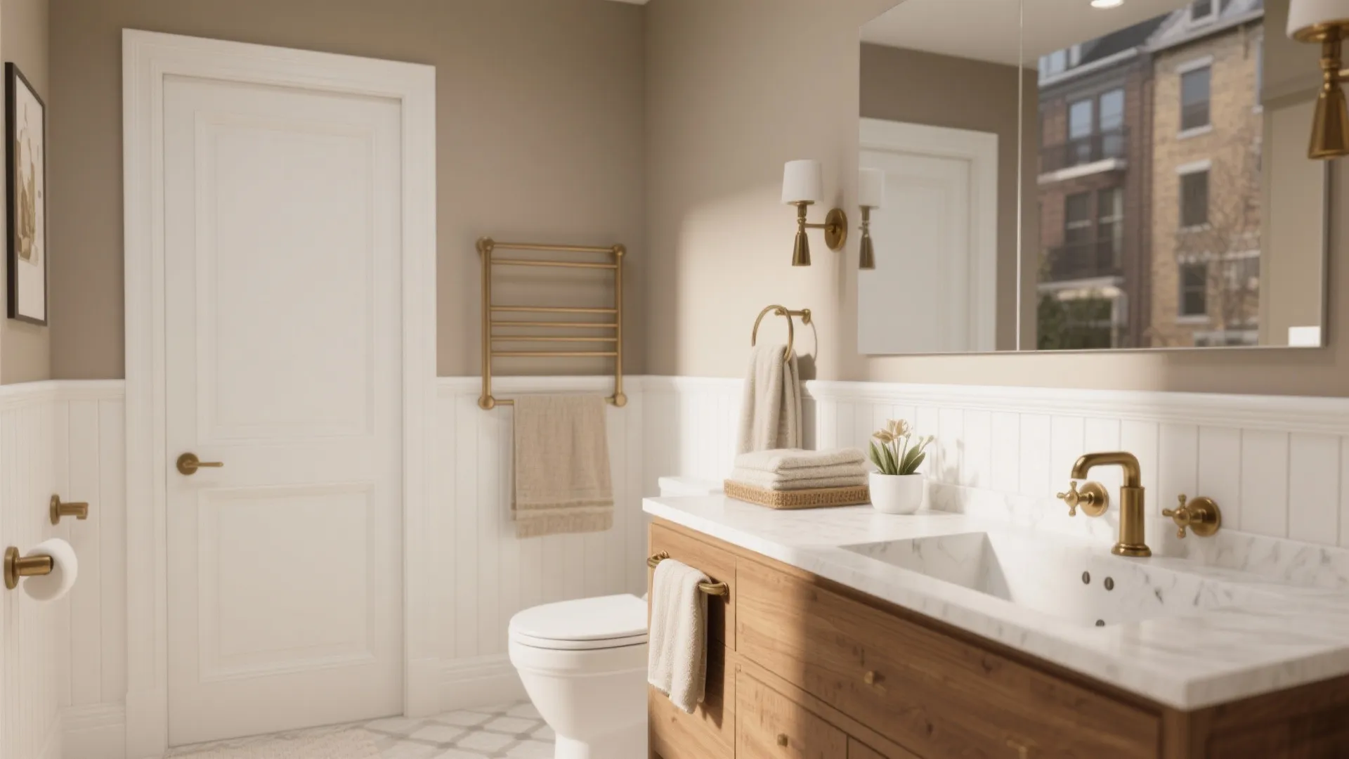 5. Layered Neutrals: Warm Grey Walls, White Trim, and Mixed Metals