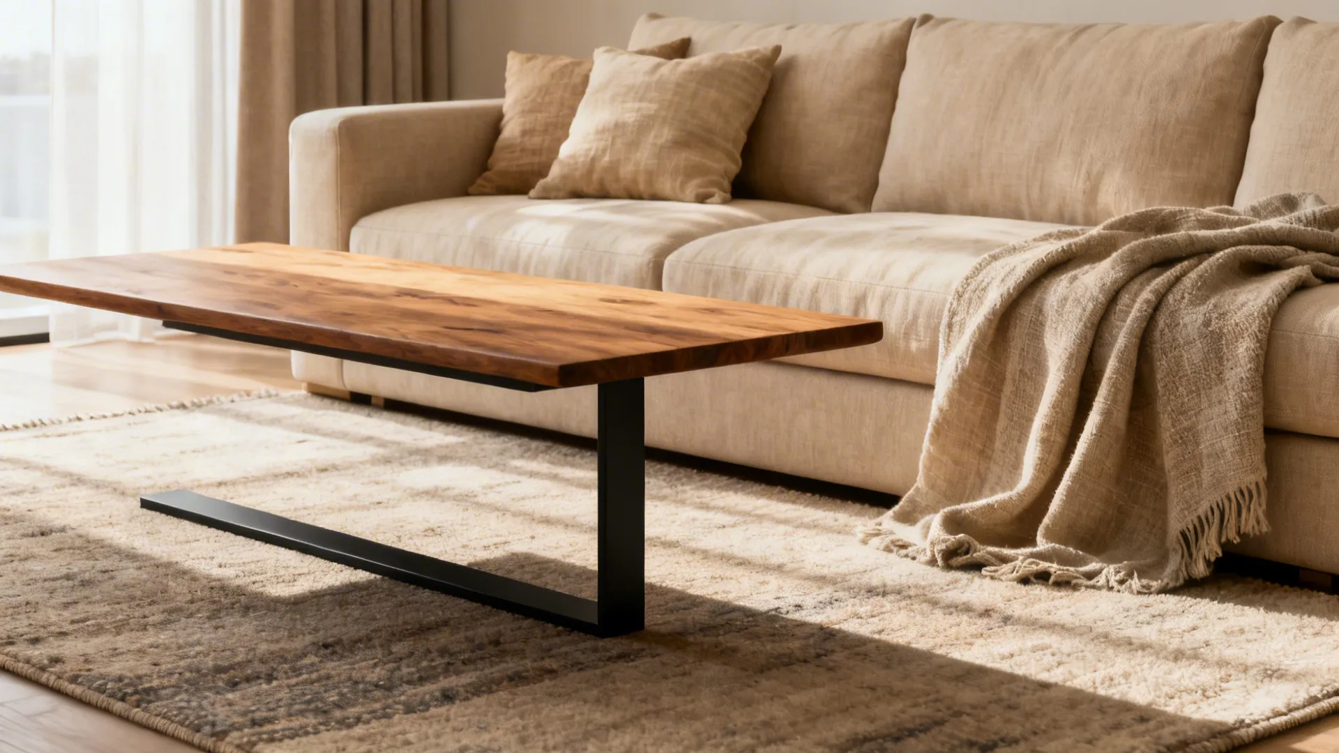 Compact seating area with layered neutrals and a single bold matte black accent piece.