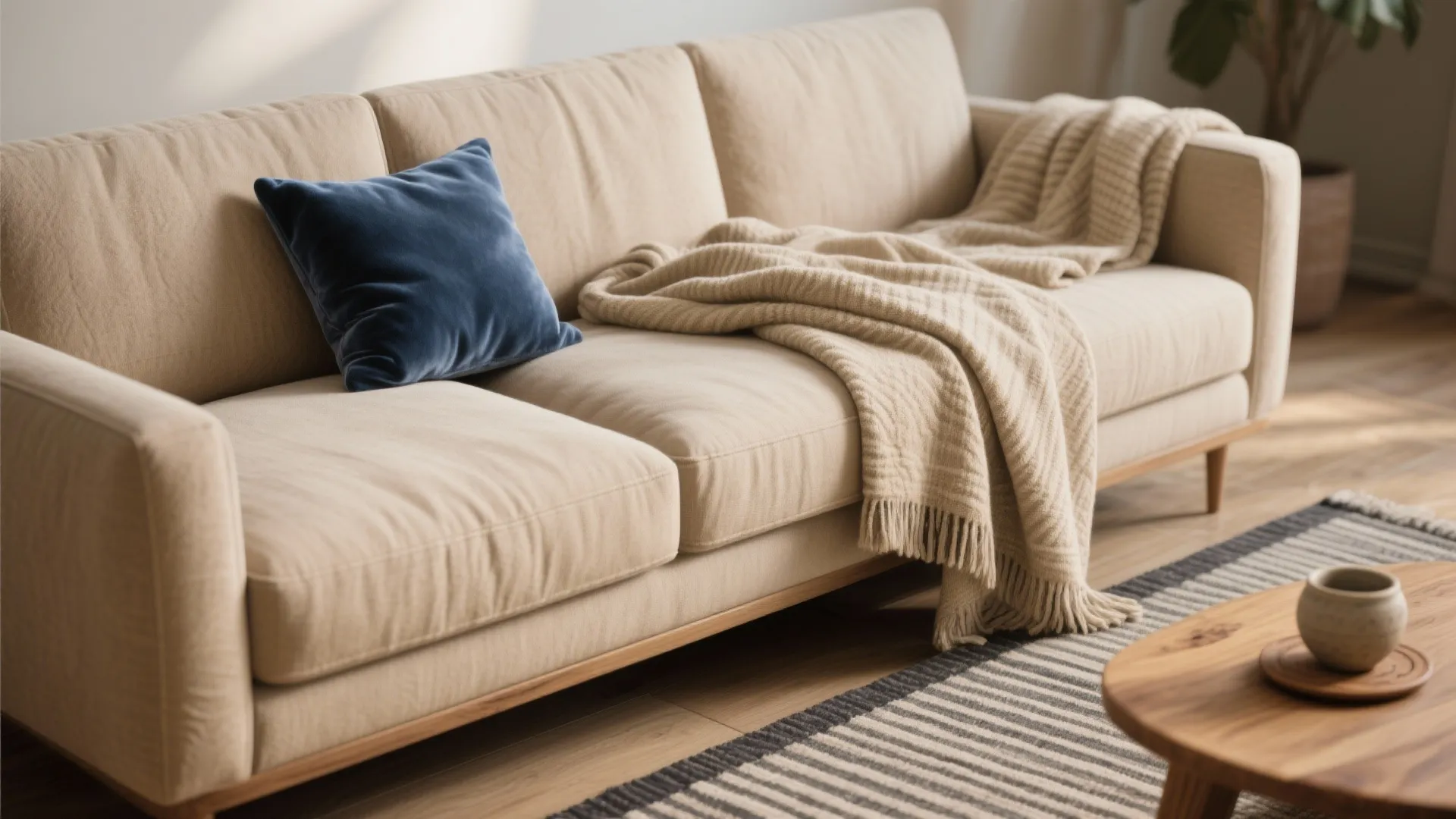 1. Layered neutrals with a single blue anchor