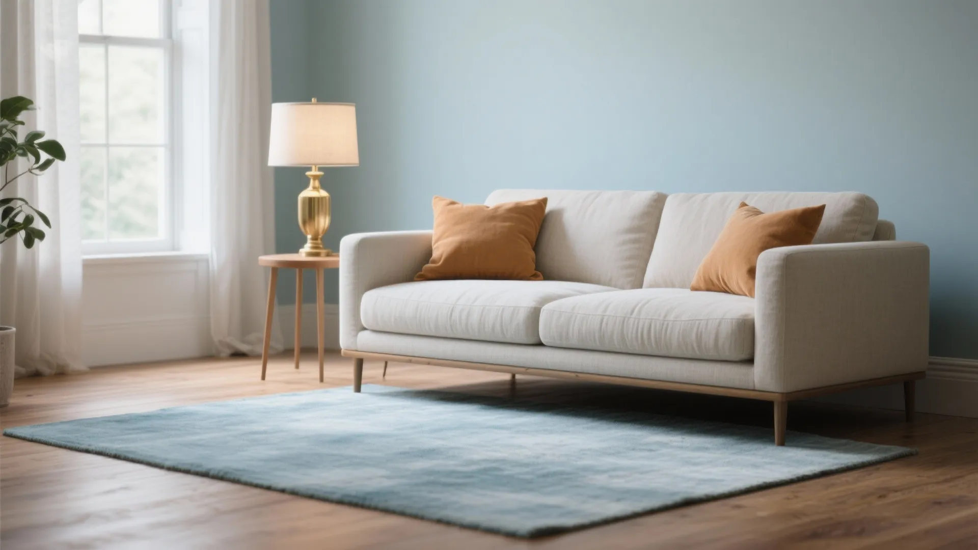 1. Layered neutrals with a light blue rug