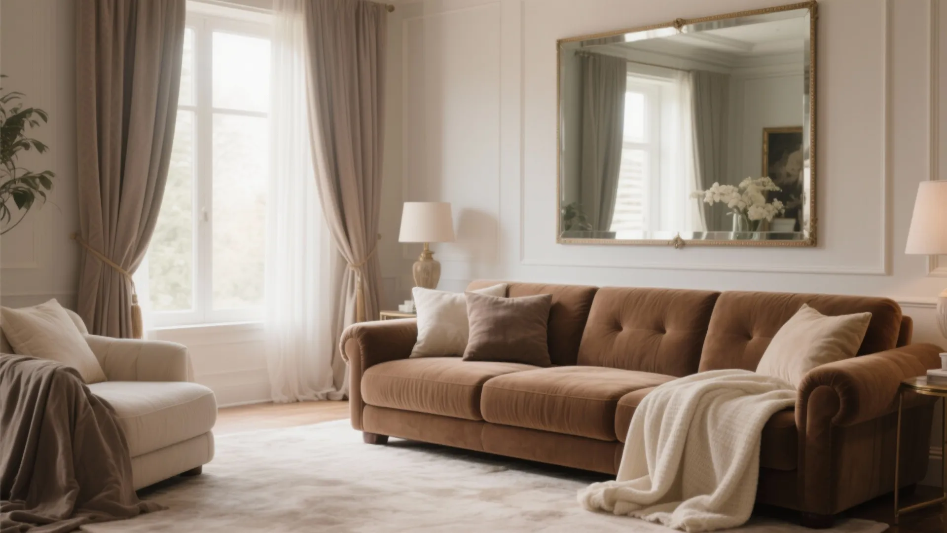 Elegant living room featuring brown sofa cream rug large wall mirror beige curtains and warm lighting