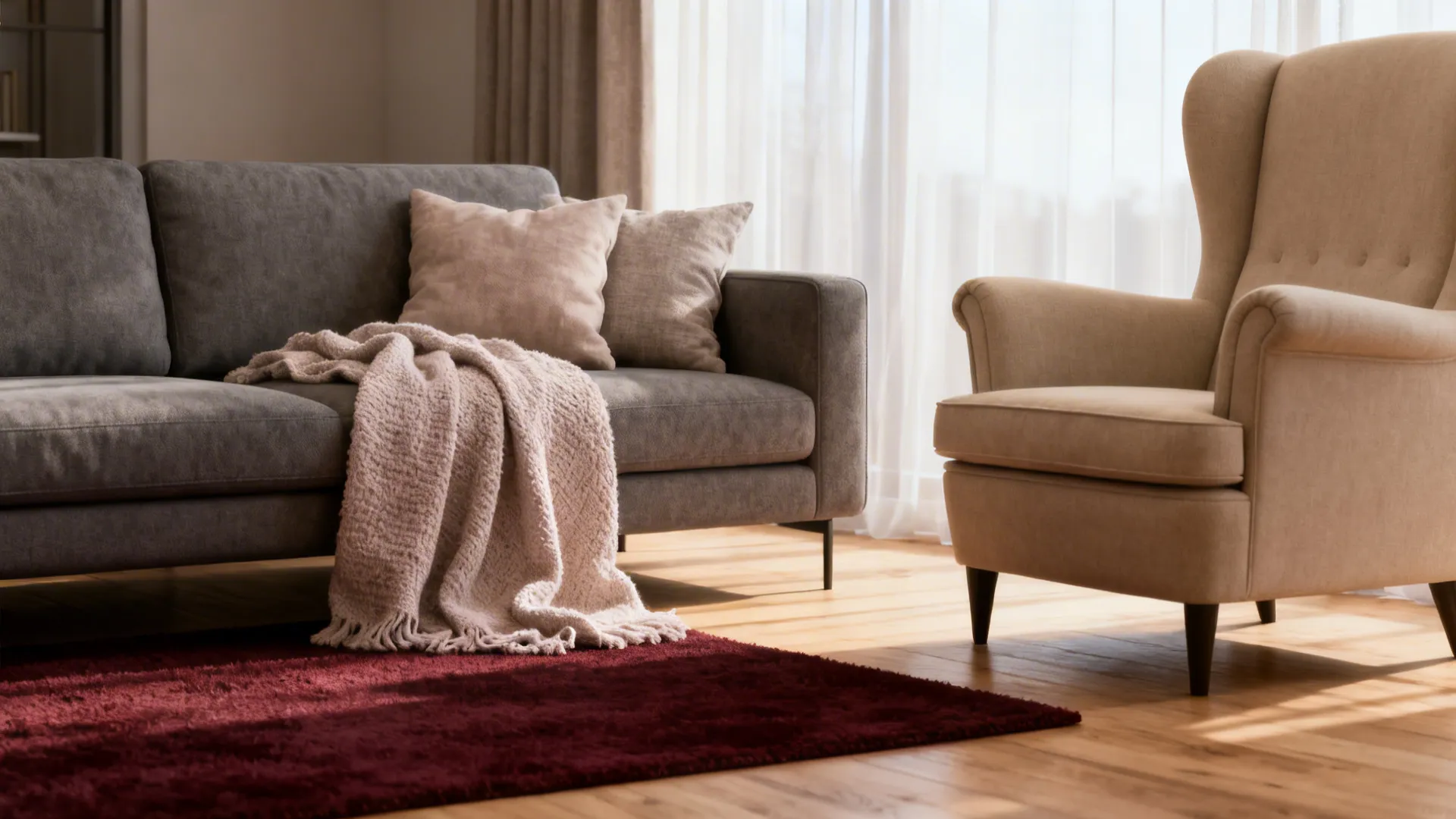 Living room with grey sofa beige armchair red rug wooden floor and bright white window curtains