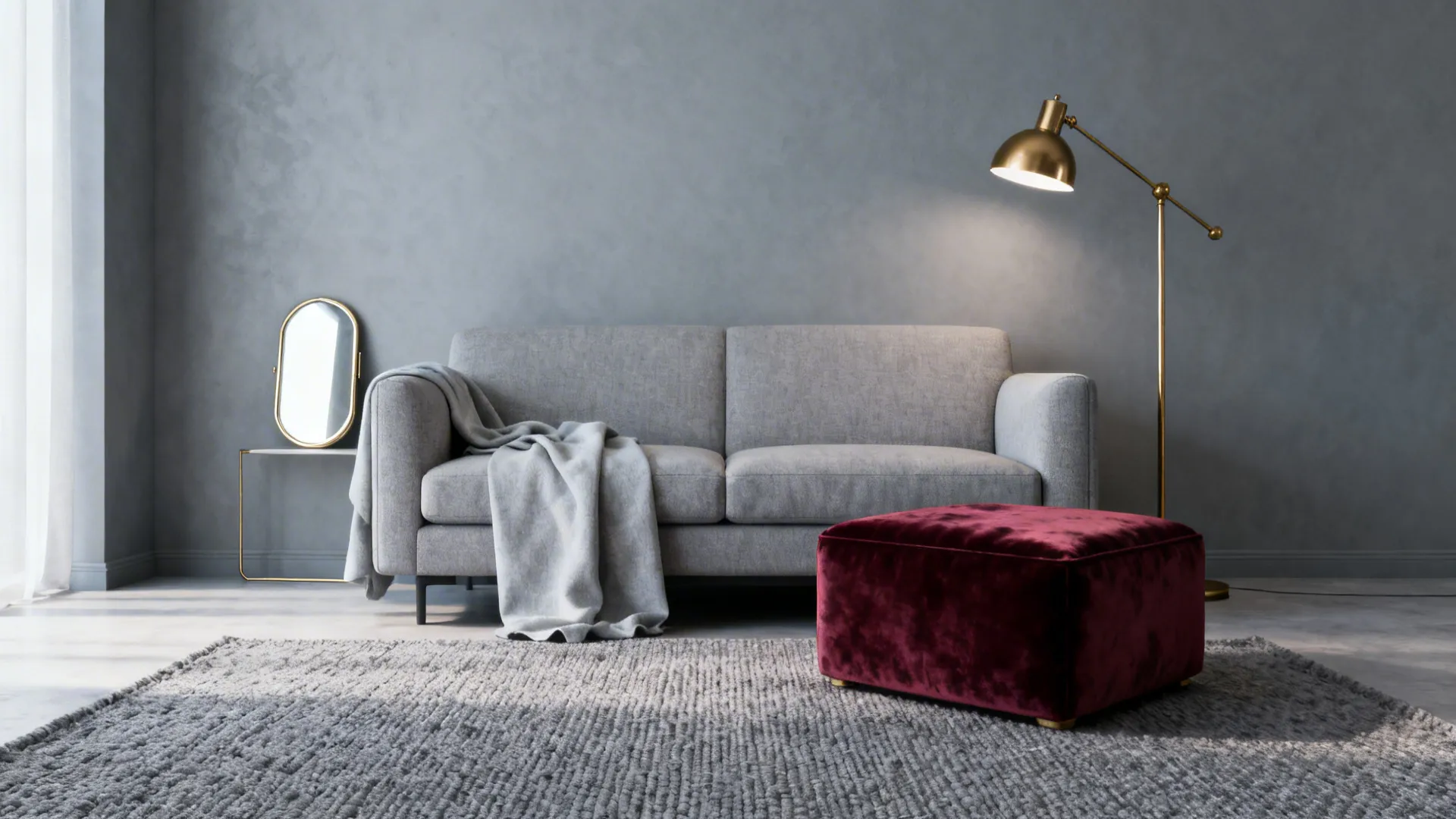 Small living room corner with layered greys and a burgundy ottoman accented by a brass lamp.