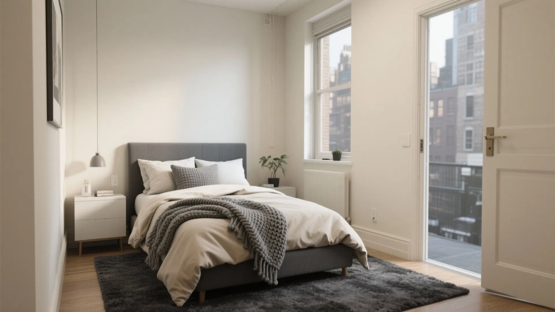Minimalist small bedroom with grey bed white cabinet charcoal rug and door leading to a balcony