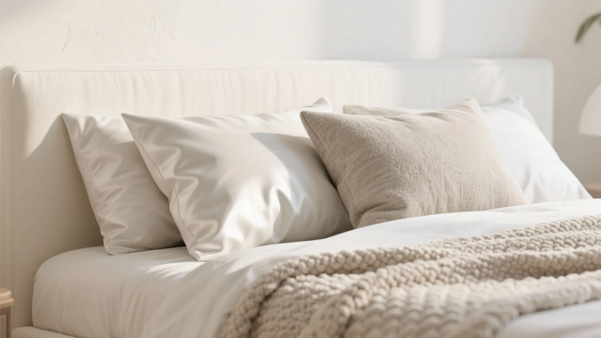 Close-up of boucle throw, satin pillow, and matte cream wall showing layered neutrals