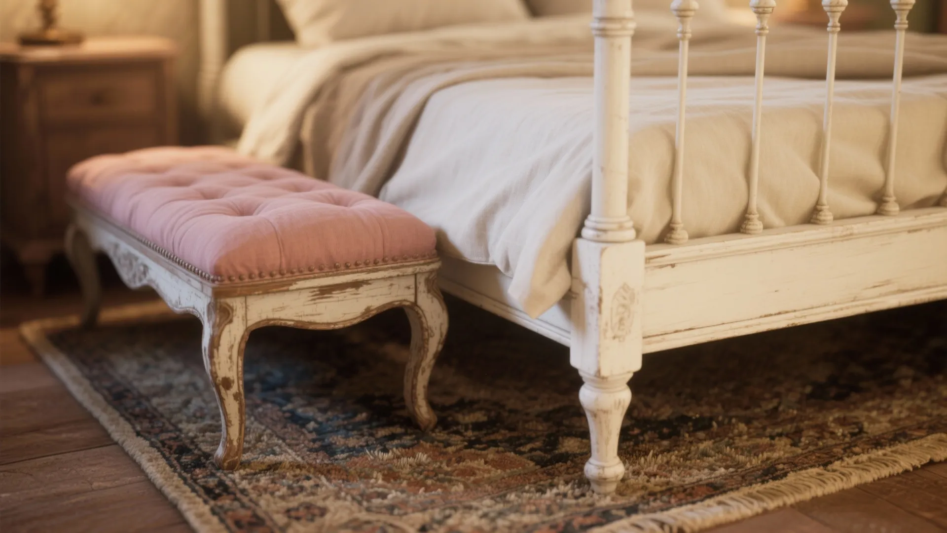Close-up of antique white bed linens, dusty rose cushion and distressed wooden bench