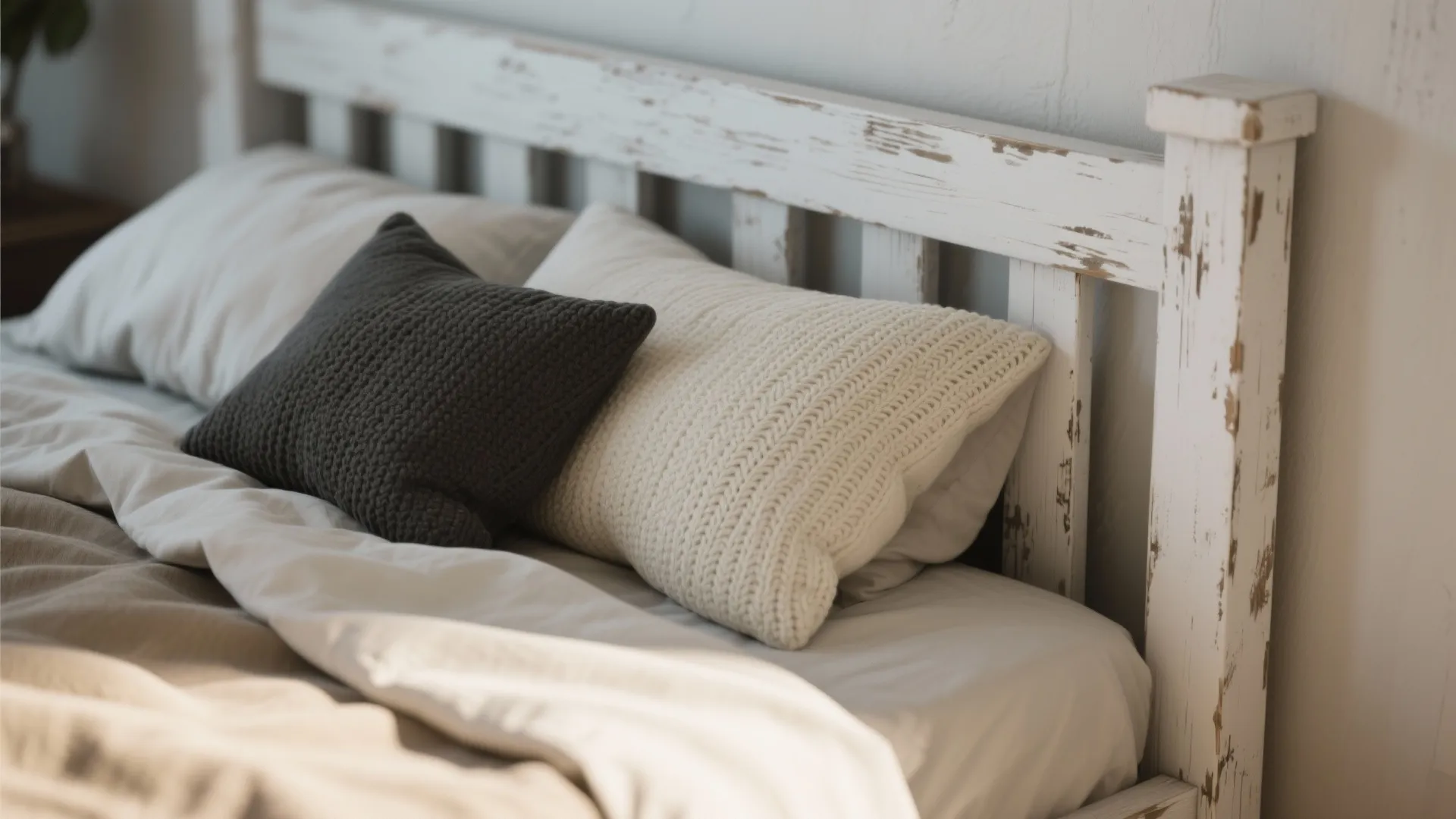 Close up of a rustic white wooden bed with knit pillows in grey and cream colors