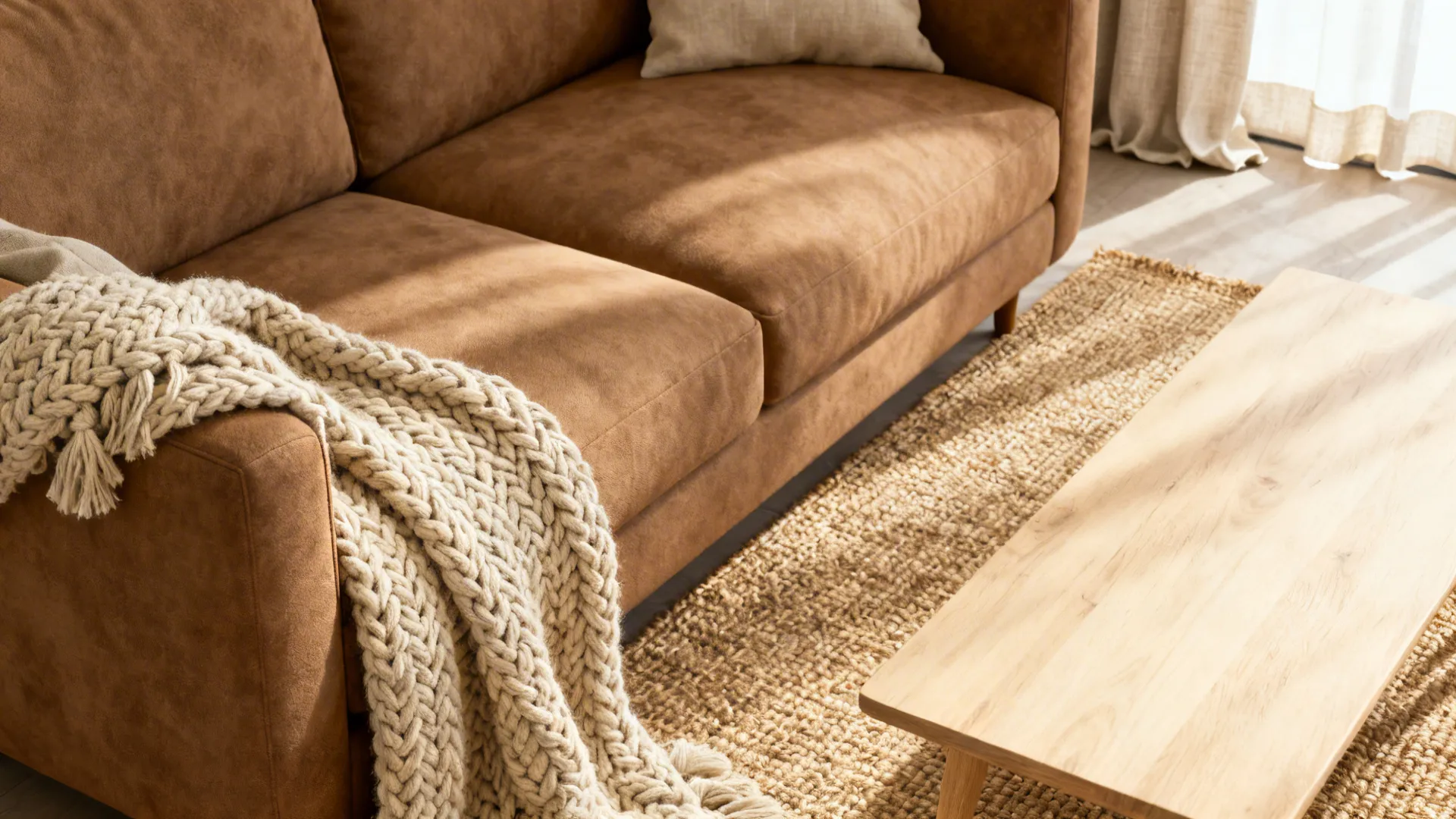 Textural close-up of a brown sofa with knit throw, sisal rug and linen curtain in warm neutral tones.