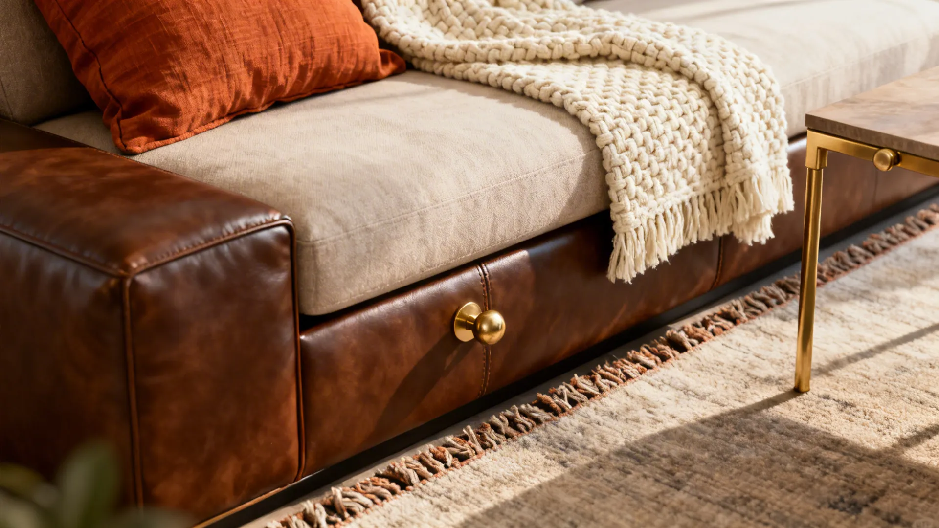 Brown leather sofa with beige fabric cushion orange pillow white knit blanket gold metal table