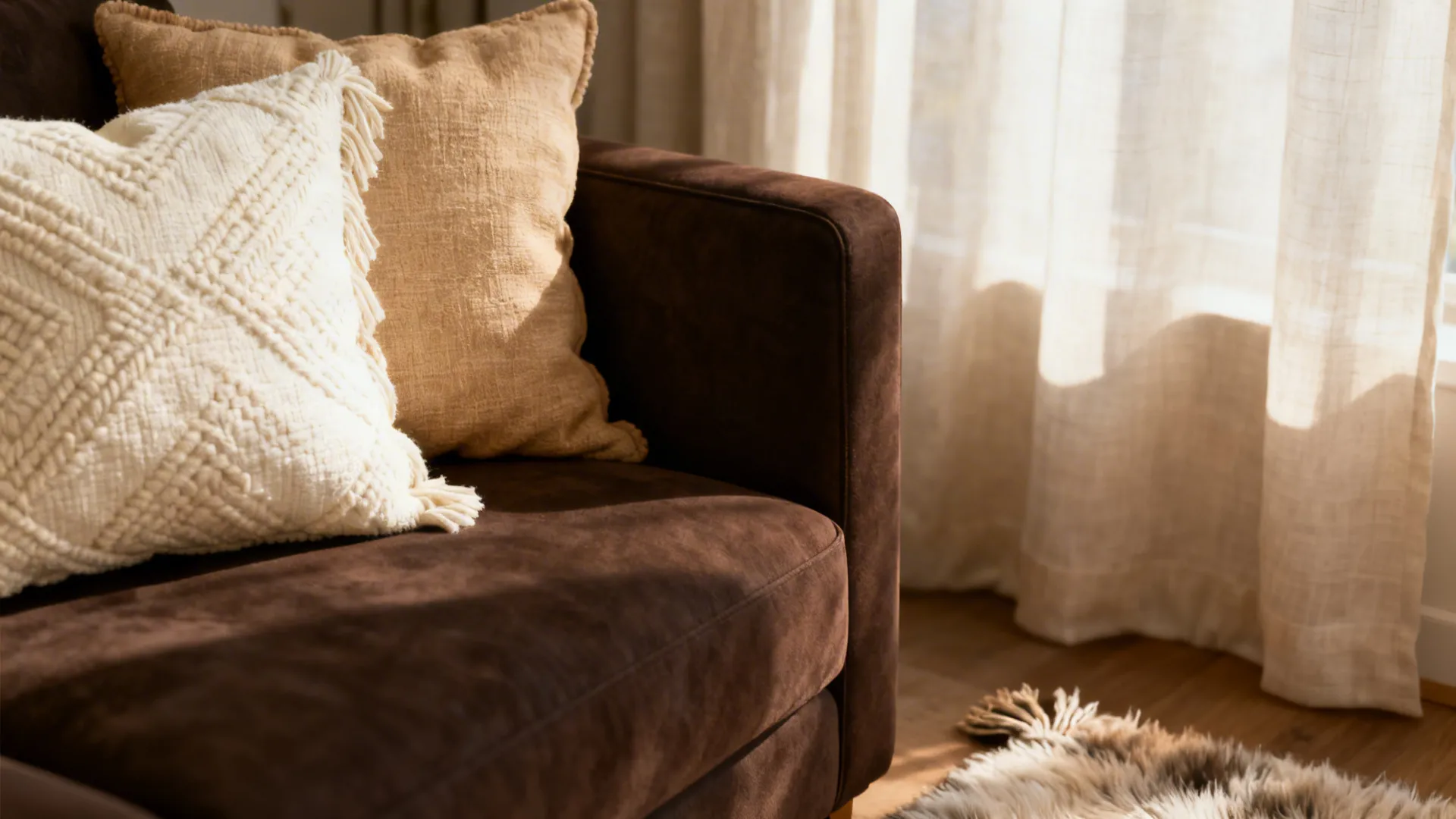 Close-up of dark brown sofa with cream and beige textured pillows and wool rug.