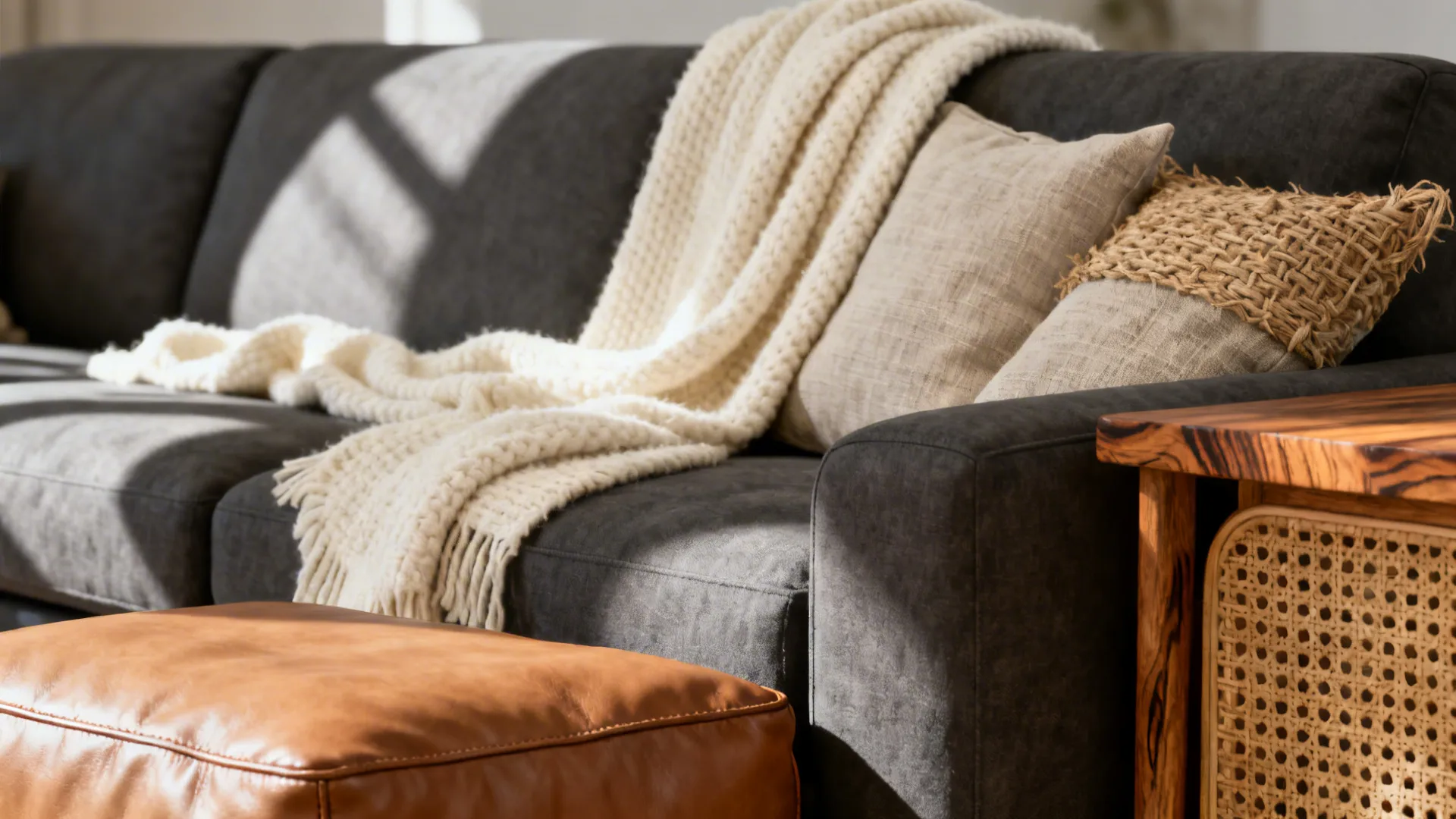 Dark grey sofa with white knit blanket and pillows next to leather footrest and table