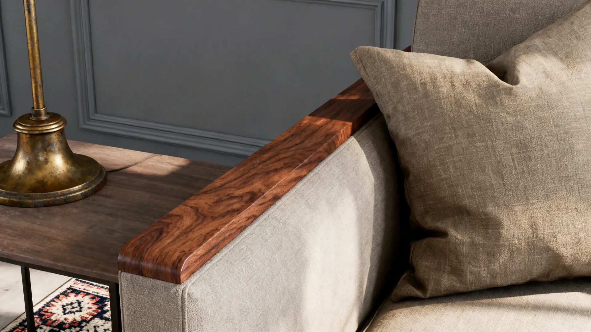 Close up of a beige sofa with wooden armrest fabric pillow and a brass table lamp