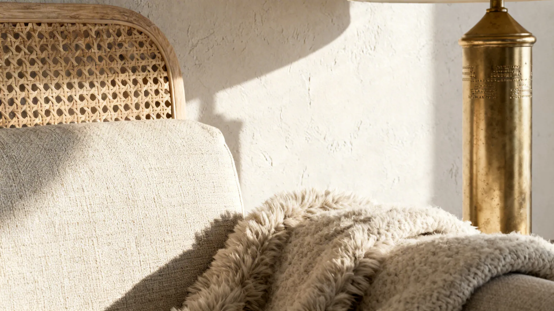 Close-up of linen sofa, wool throw, plaster wall and rattan accent in neutral tones.