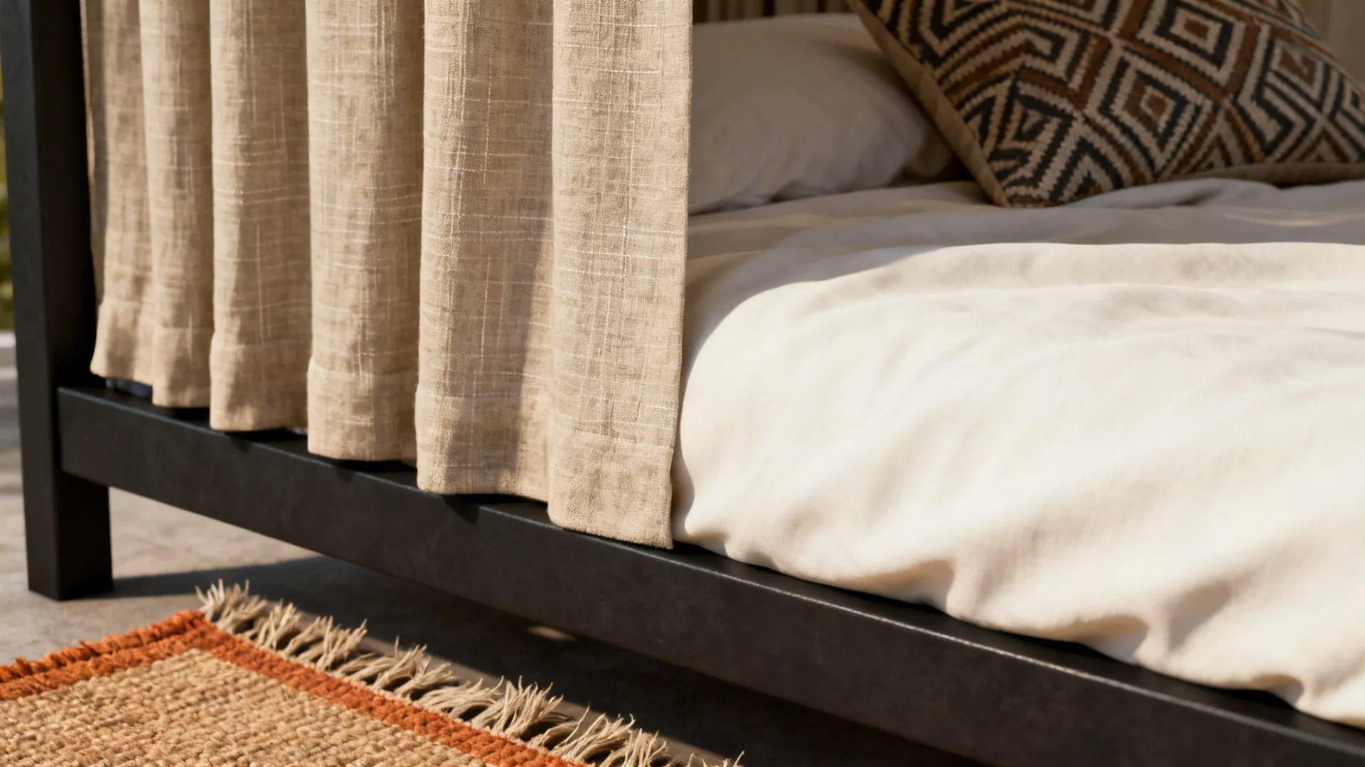 Close-up of layered neutral linens and a patterned pillow on a dark bed frame