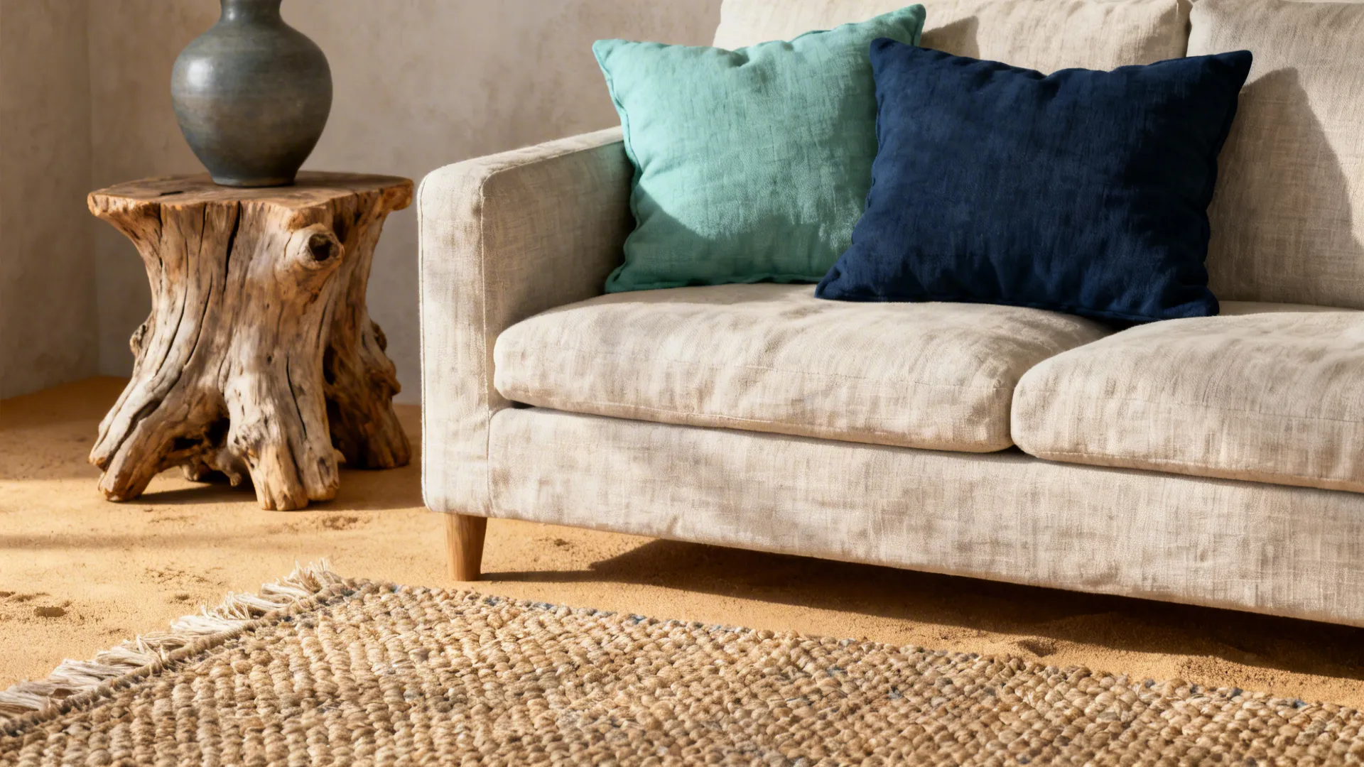 Close-up of linen sofa with sea-foam and navy cushions, woven rug and driftwood accents.