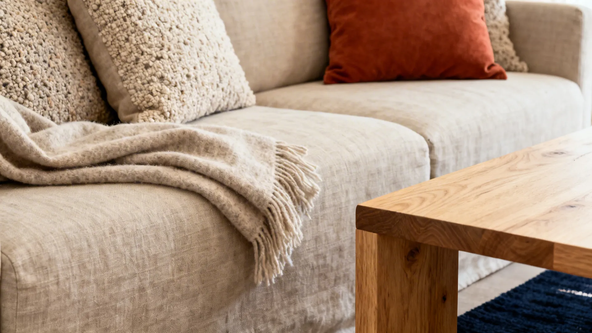 Close-up of linen sofa with bouclé cushions, wool throw and a terracotta accent pillow on a textured coffee table.