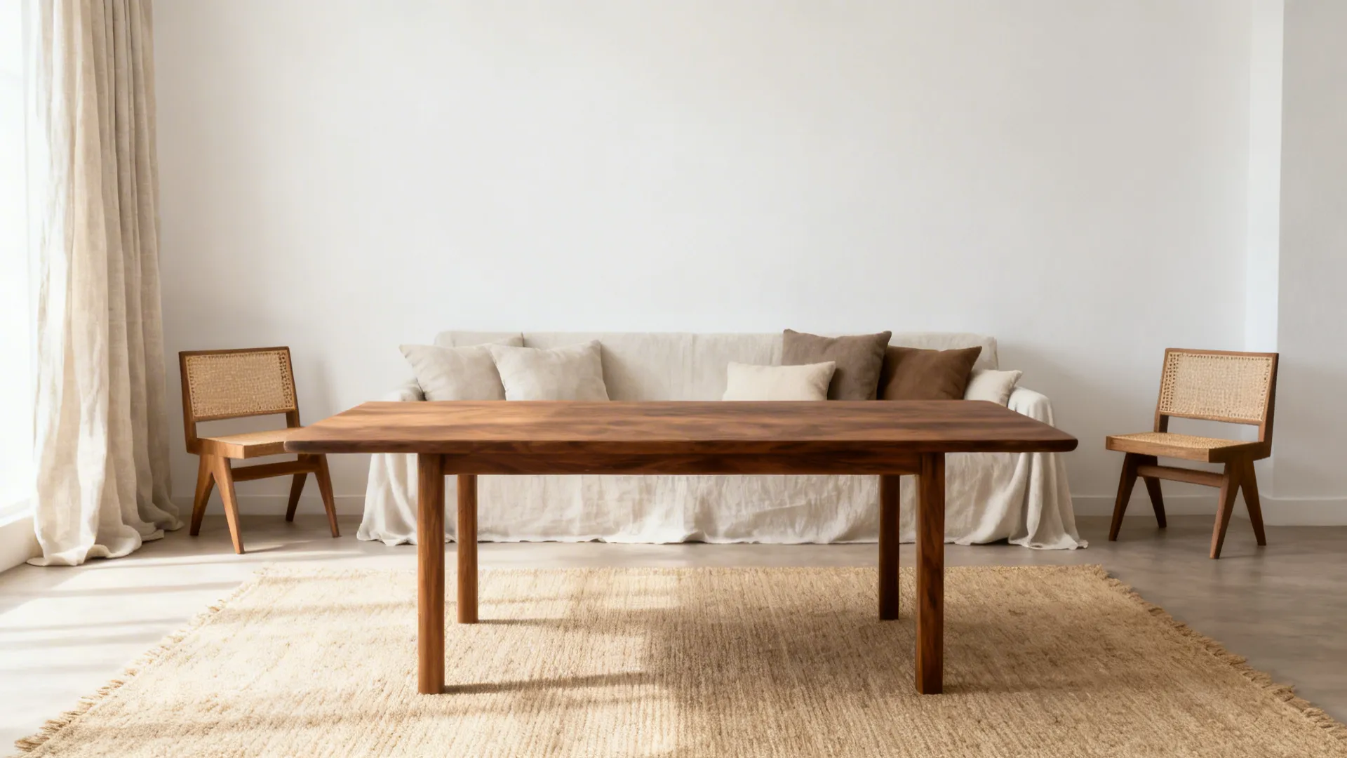 Wooden dining table on rug in room with sofa chairs and curtains and white walls