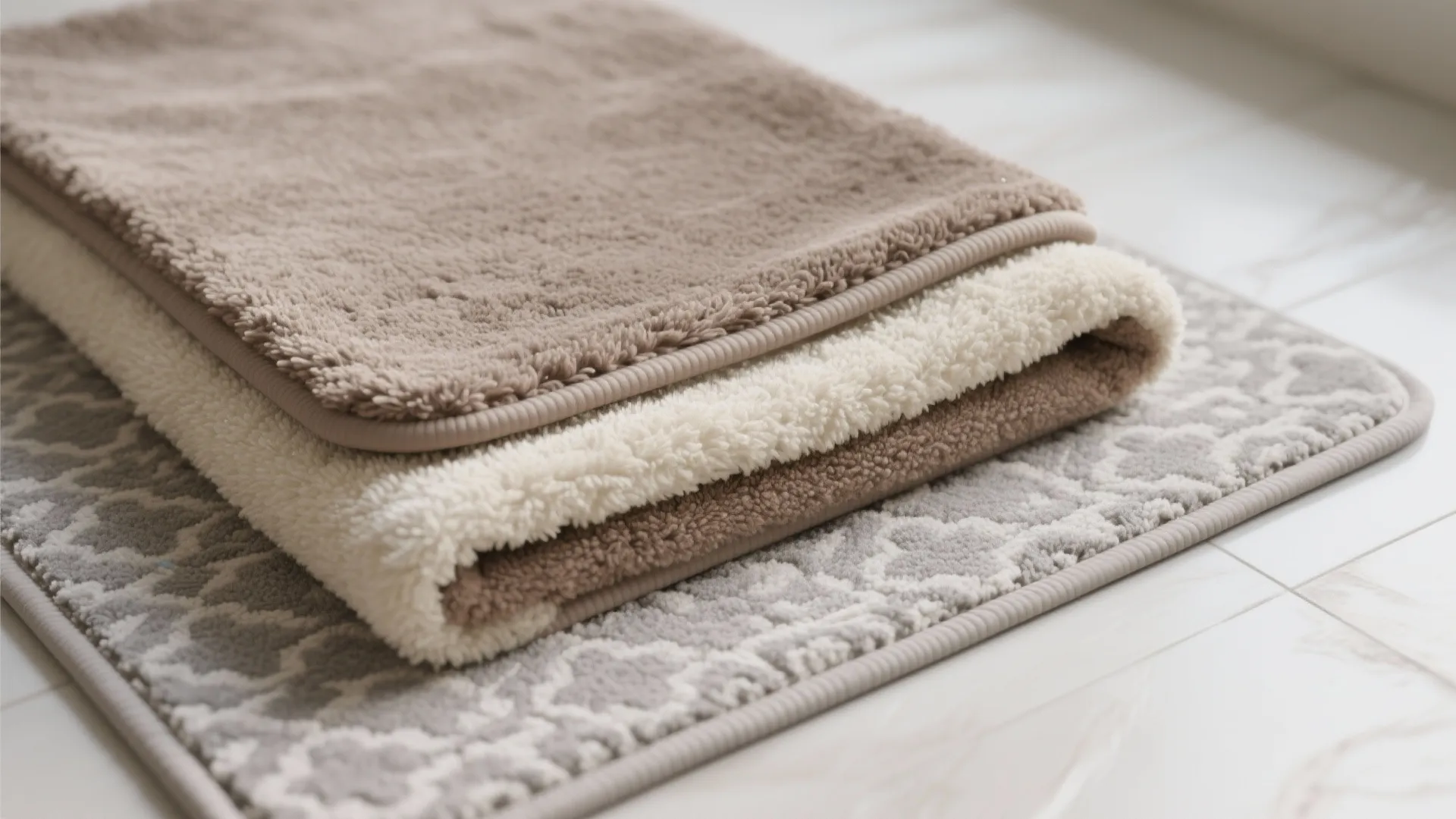 Soft folded beige and cream towels stacked on top of a patterned grey bathroom mat
