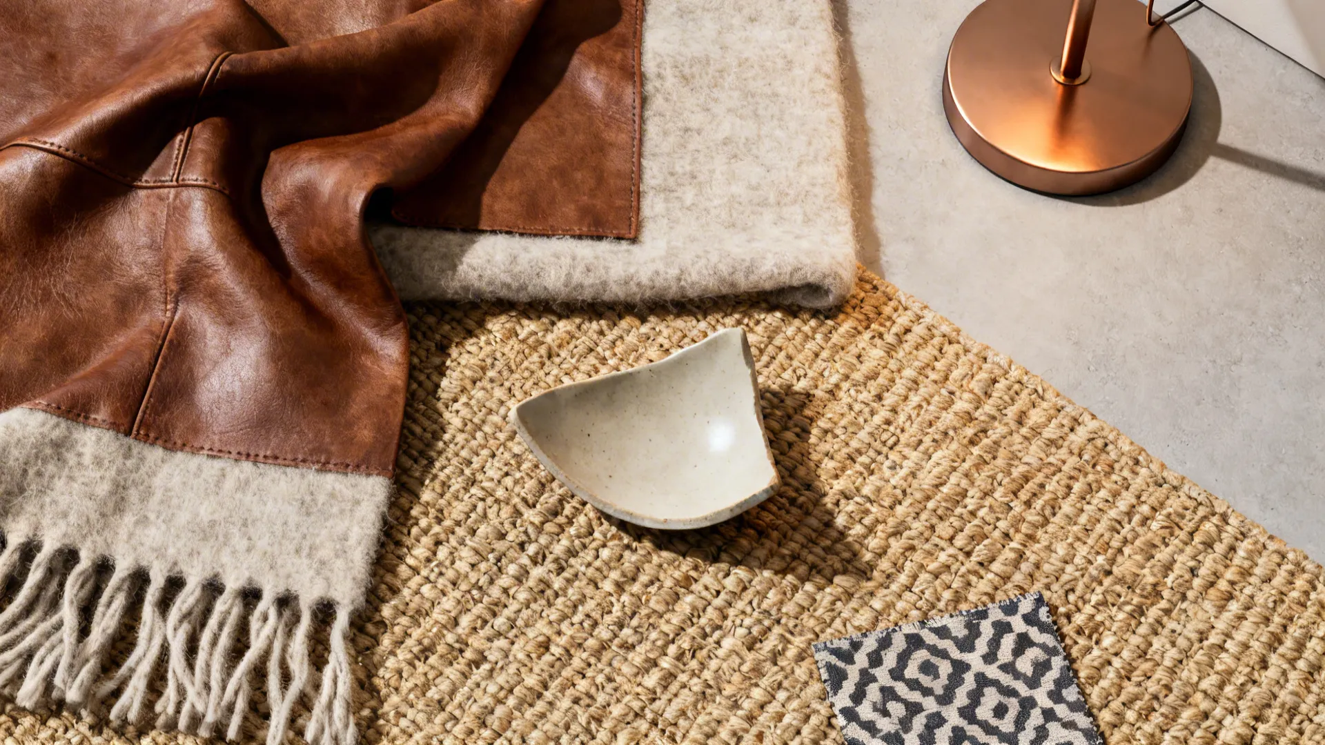 Flatlay of brown leather swatch, wool throw, jute rug sample and matte ceramic for a layered neutral palette.
