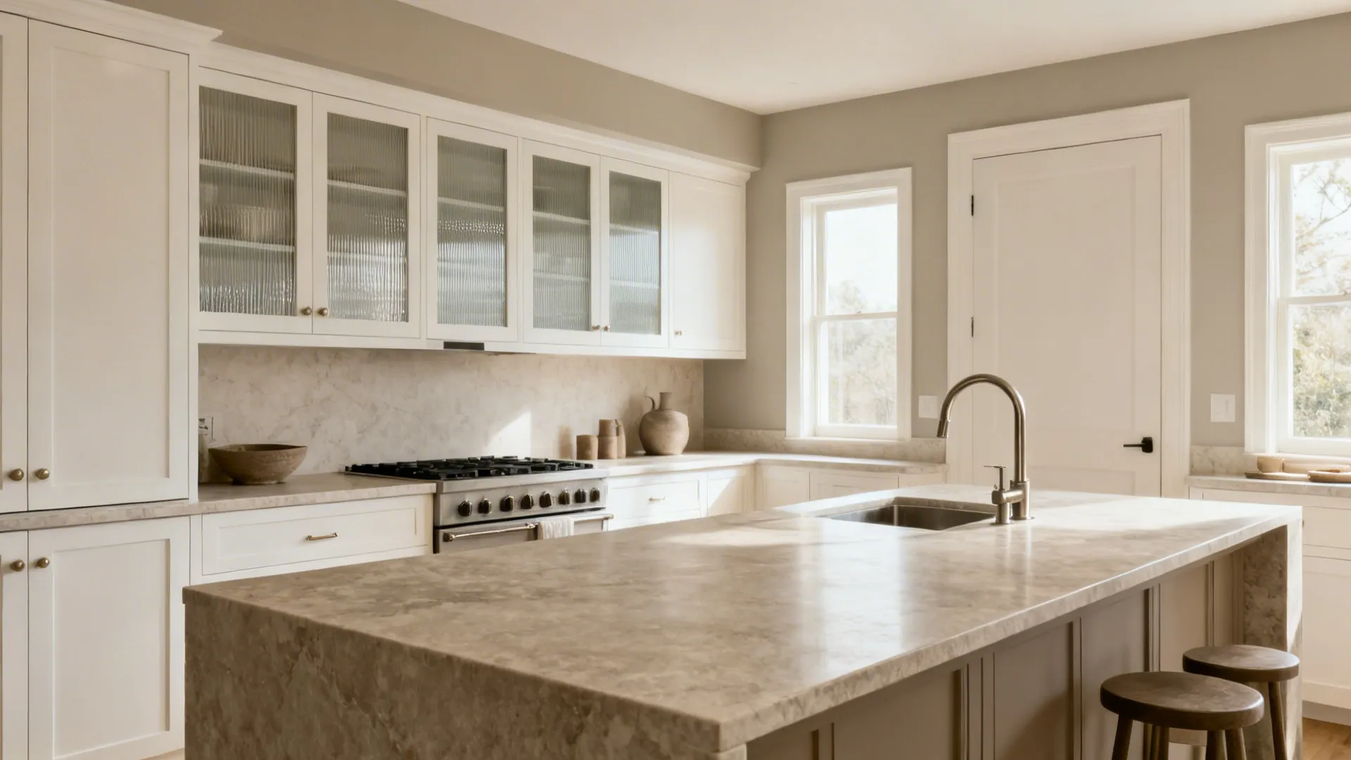 Small elegant kitchen in layered neutrals with a honed stone countertop and reeded glass doors.