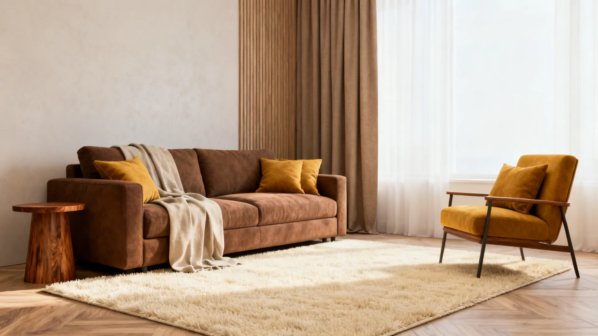 Brown sofa with layered neutrals and a mustard accent chair for a pop of color.