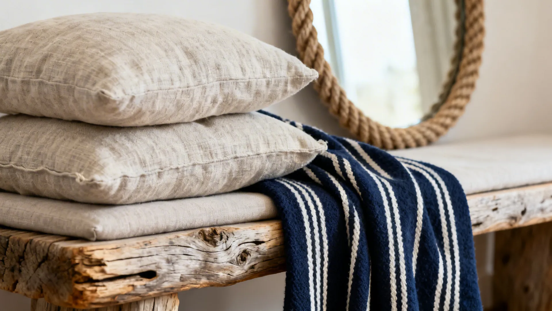 Close-up of layered linen cushions and a navy striped throw on a driftwood bench, showing texture and contrast.