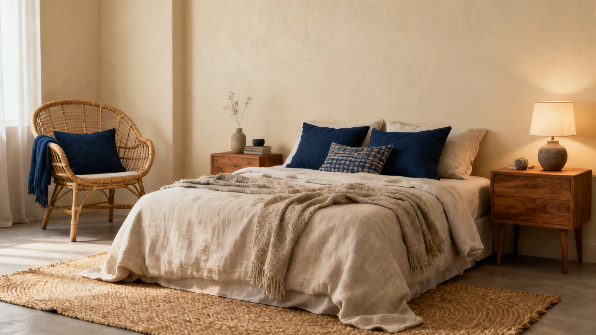 Cozy bedroom mixing cream walls, navy accents and natural textures like rattan and oak.