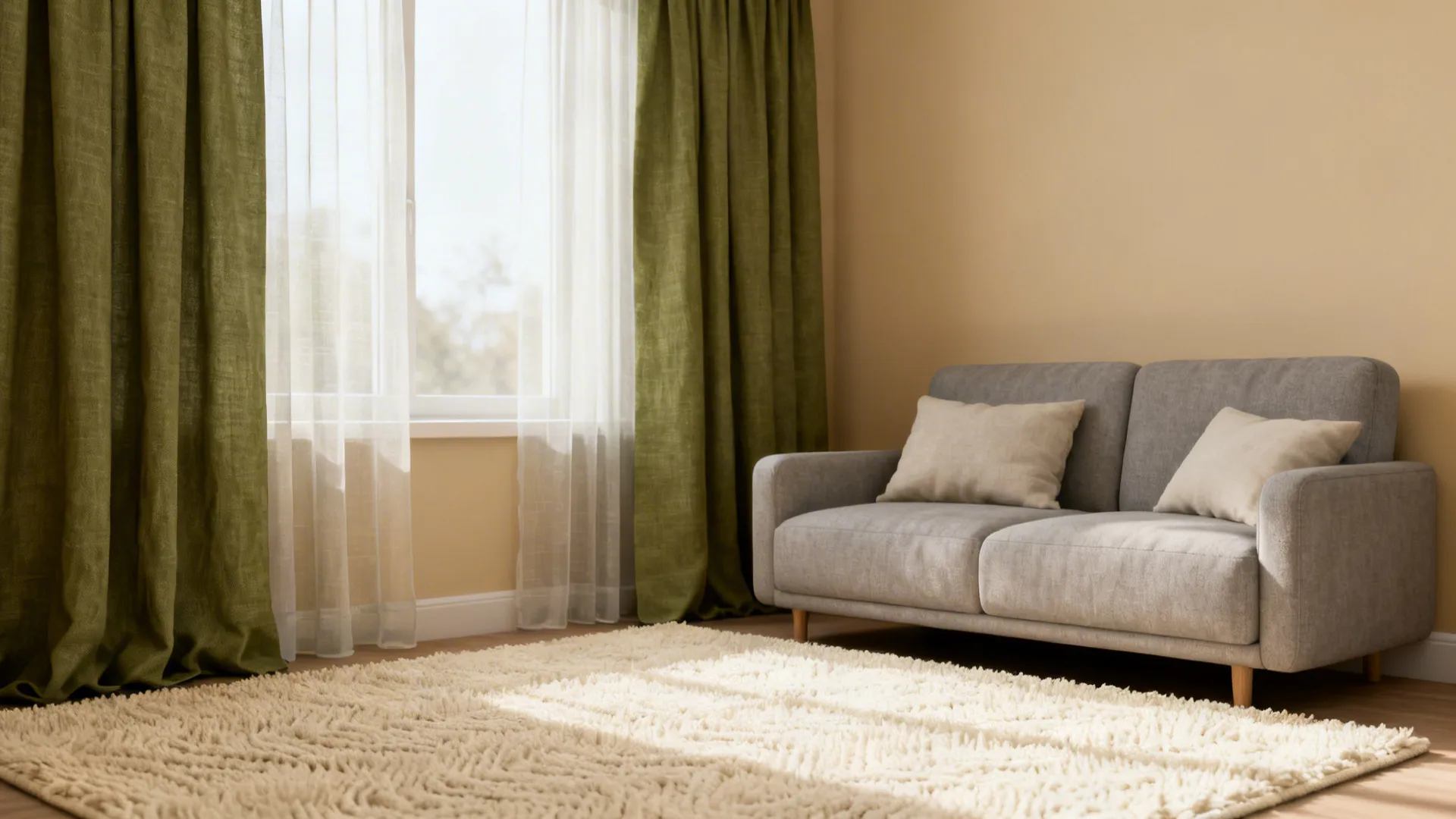 1. Layered Neutrals with Olive Curtains