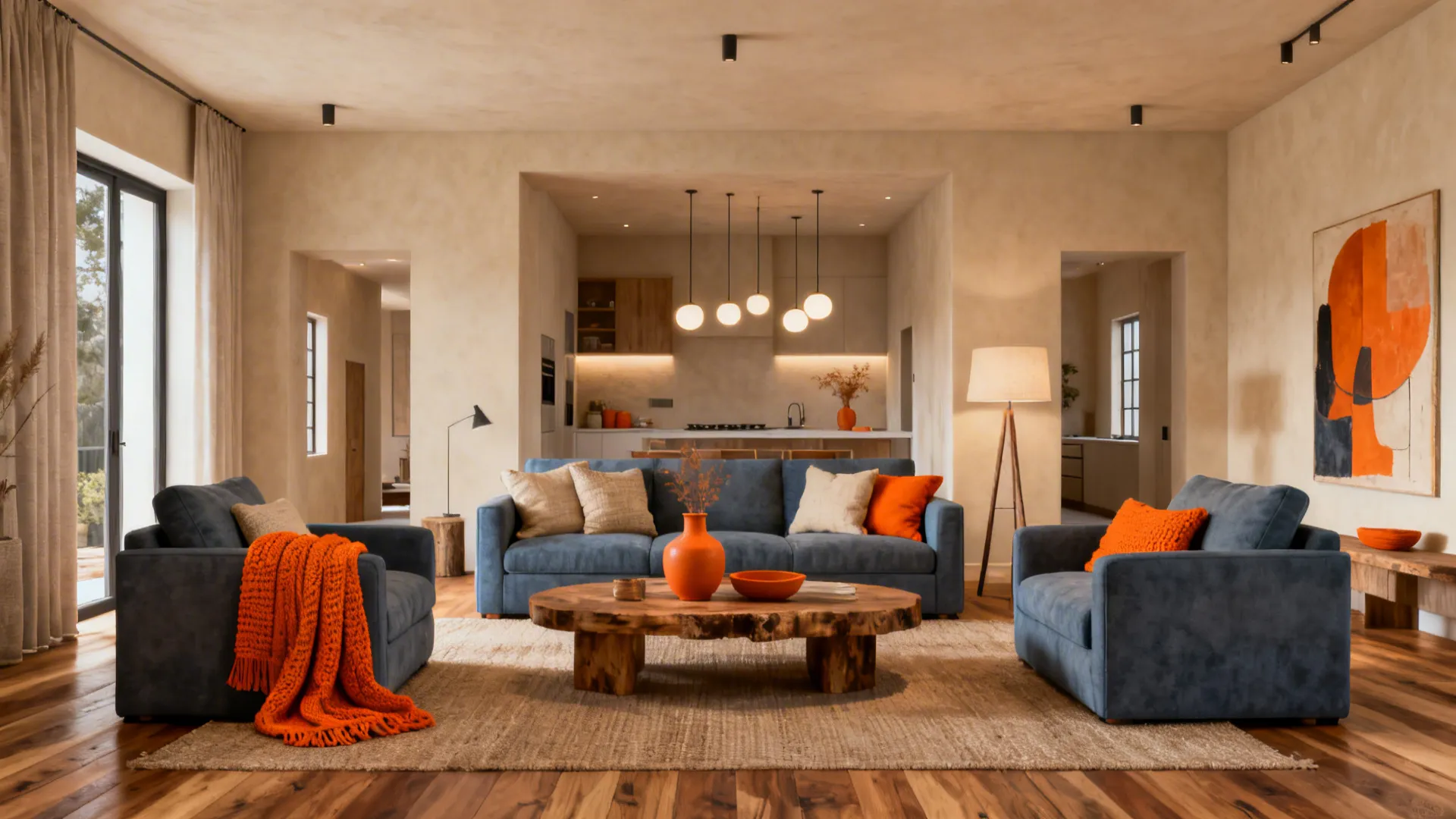 Open-plan living area with blue-gray anchors, warm neutrals, and orange accessories tying the palette together