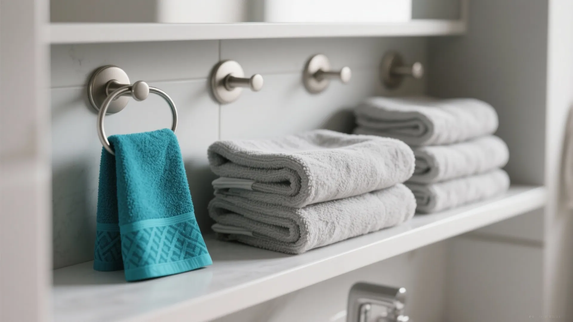 Modern bathroom shelf with stacked grey towels and a bright blue towel on a ring