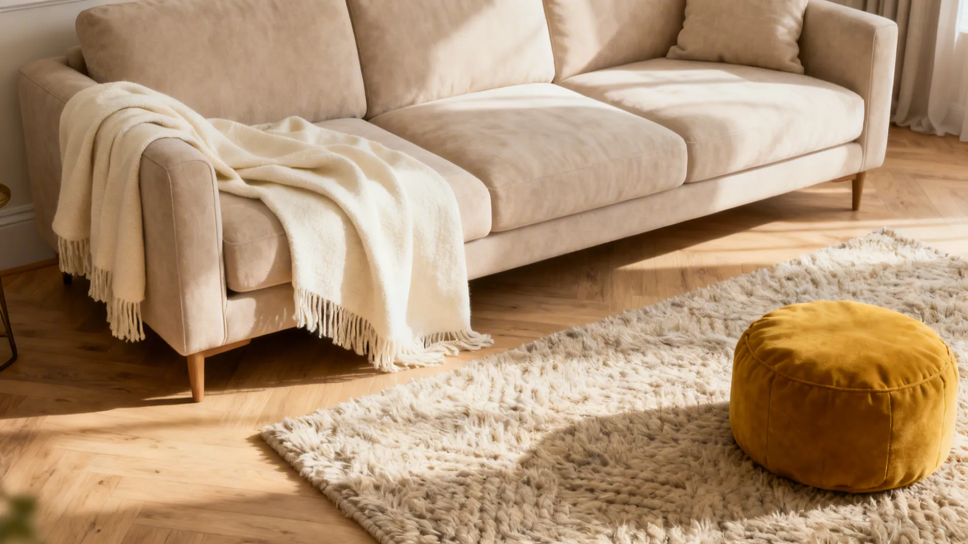 Layered neutral seating on light hardwood with a mustard pouf accent