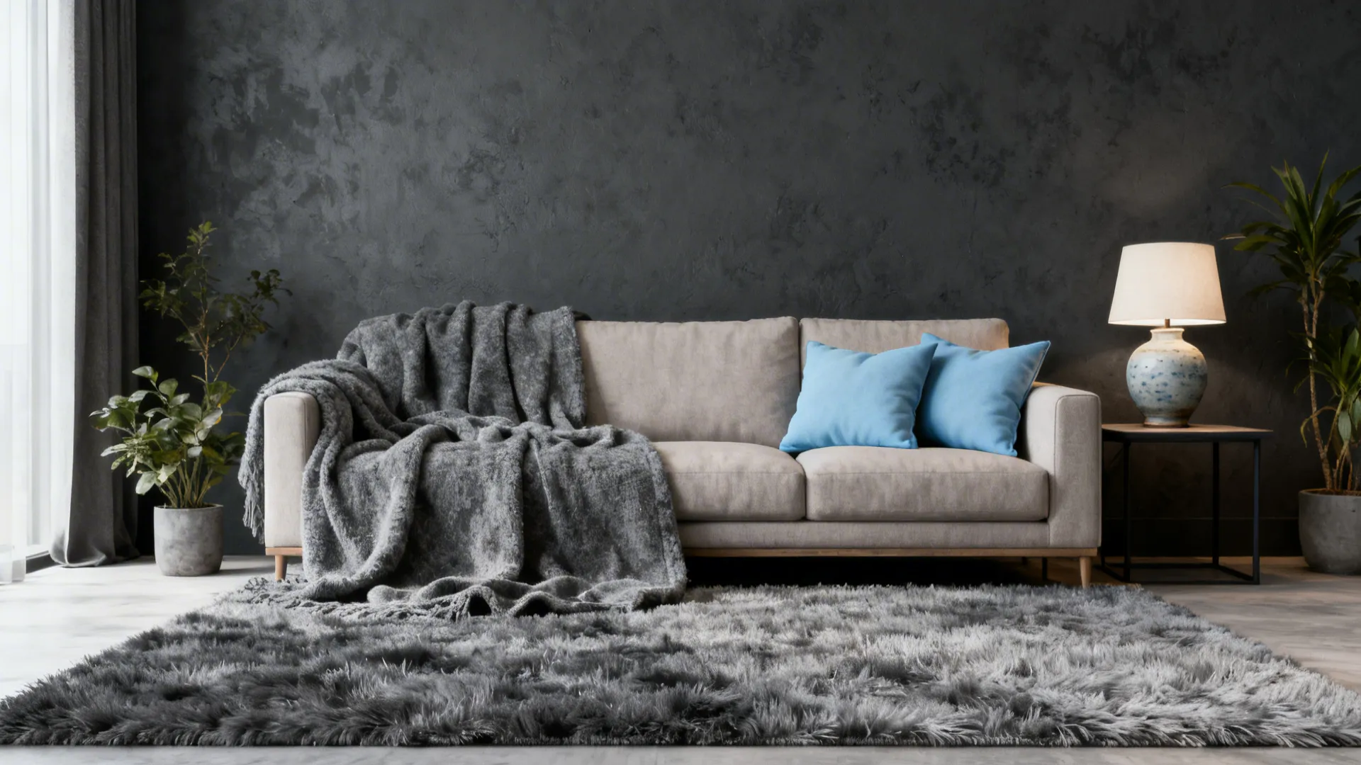 Modern living room featuring a beige sofa with blue pillows and a large fuzzy rug