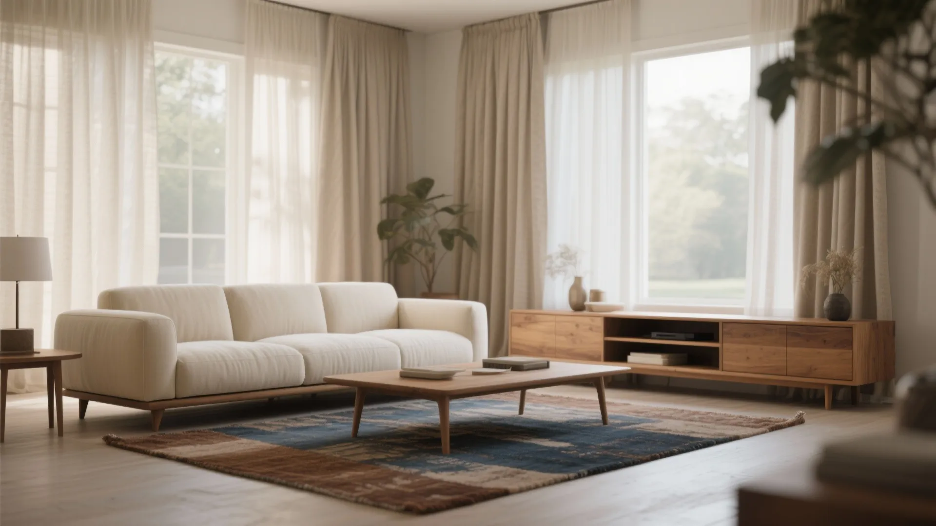 Minimalist living room with white sofa wooden coffee table blue rug wooden cabinet and curtains