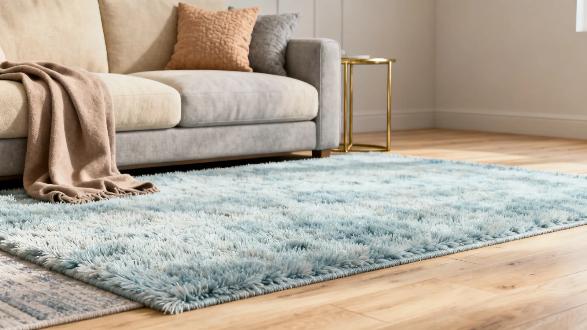 Light blue shaggy rug layered over grey pattern rug near sofa with pillows and blanket