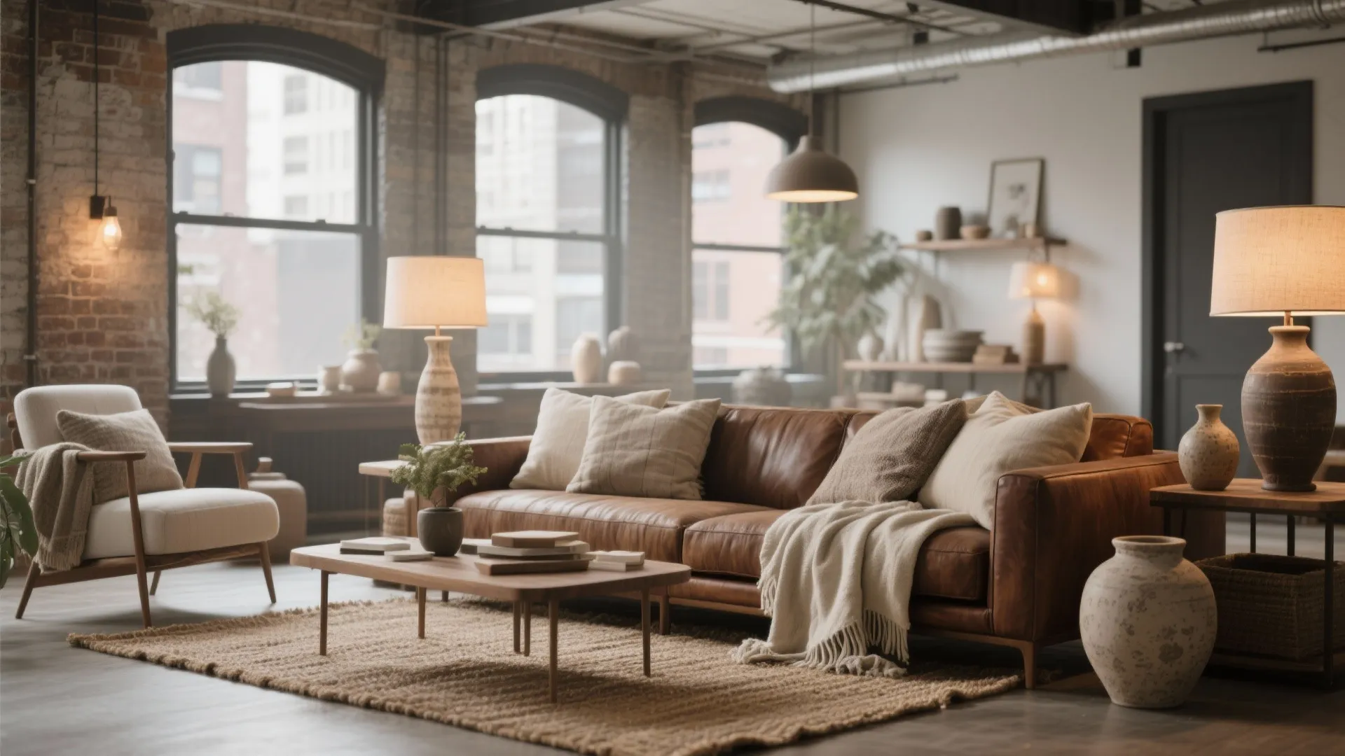 Walnut brown sofa with layered neutral decor in a loft