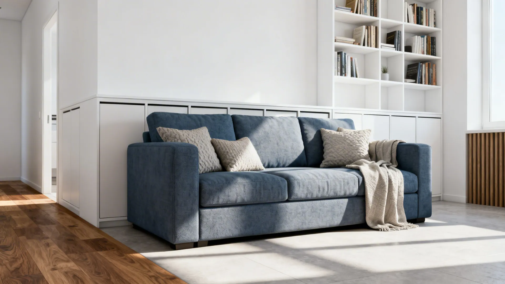 Blue-grey sofa on a crisp white wall with layered neutral cushions and low-profile storage