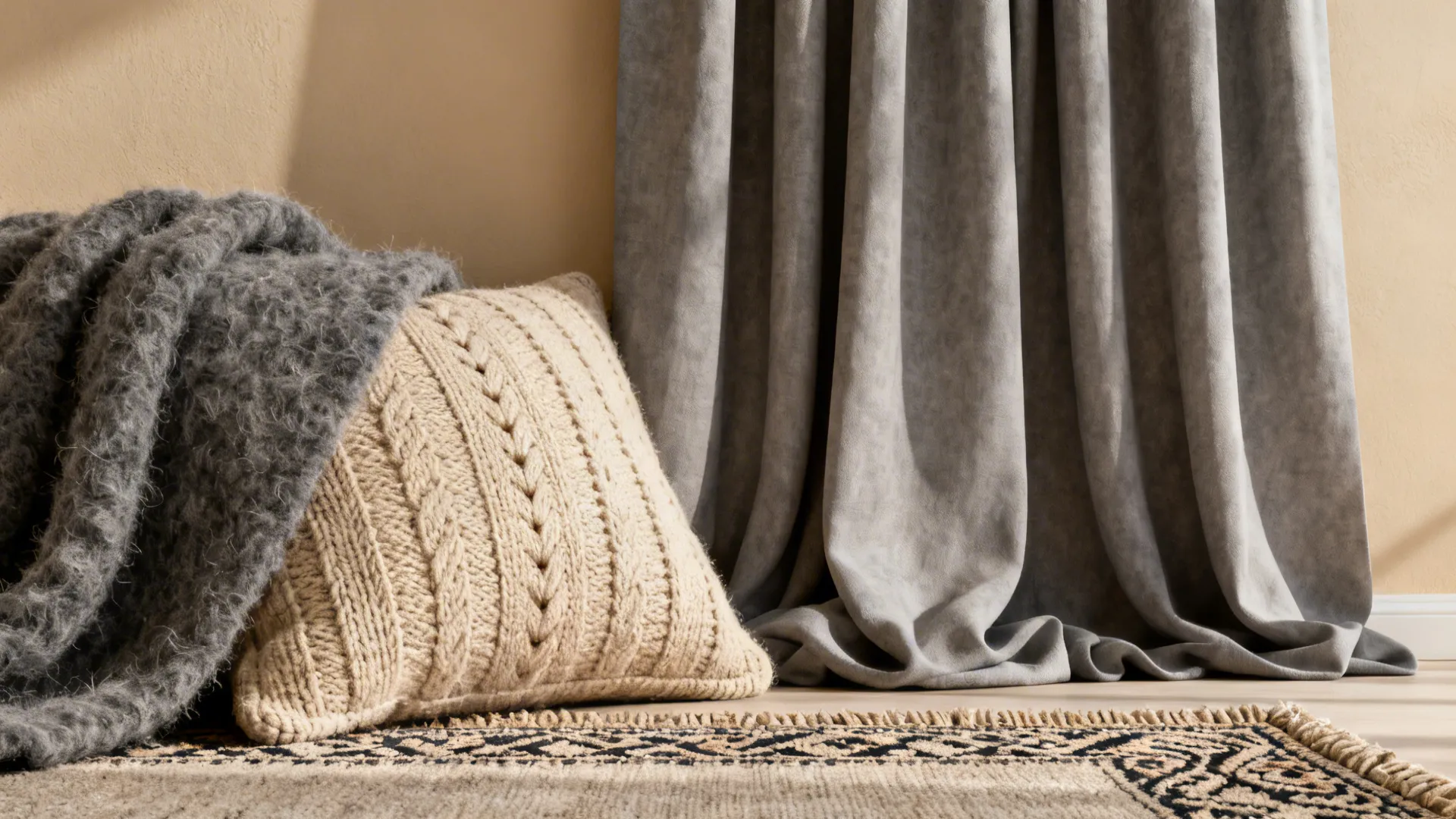 Close-up of slate throw, mist-gray curtains, and knit beige cushion showing layered neutral textures