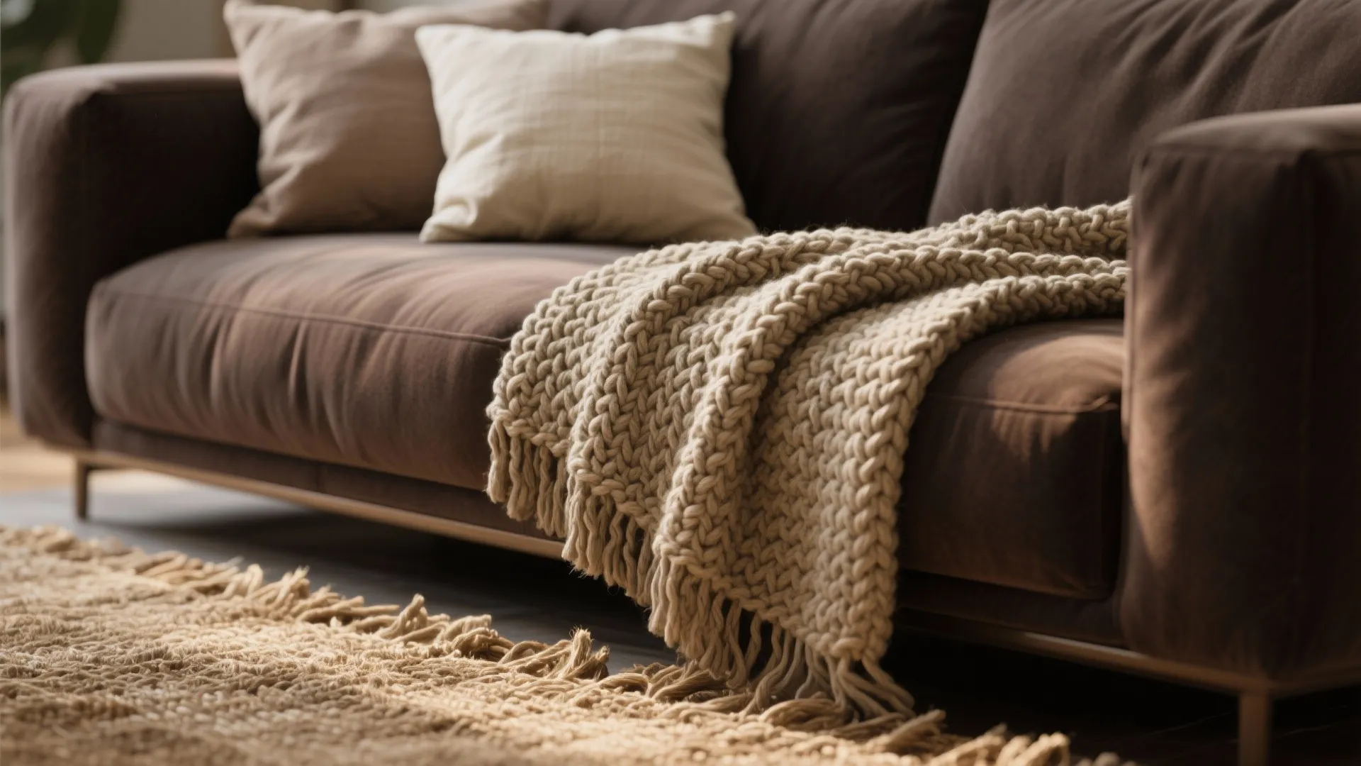 Macro view of knit throw, jute rug and neutral cushions paired with a dark brown sofa.