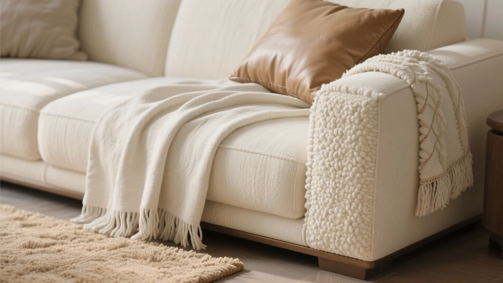 Modern cream sofa with brown pillow and white blanket on top of soft beige rug
