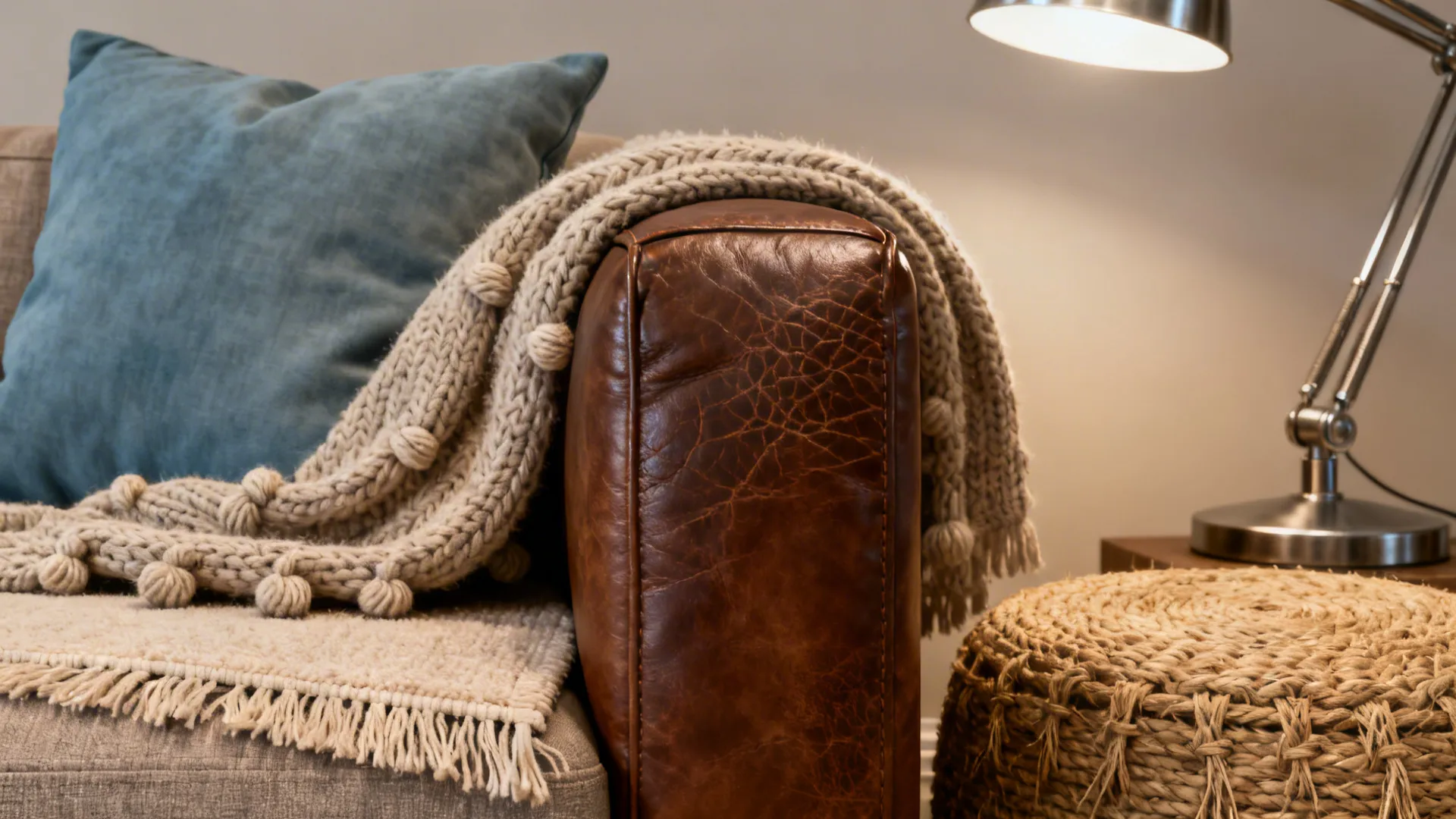 Close-up of brown leather sofa with knit throw, jute pouf and cool-toned pillow