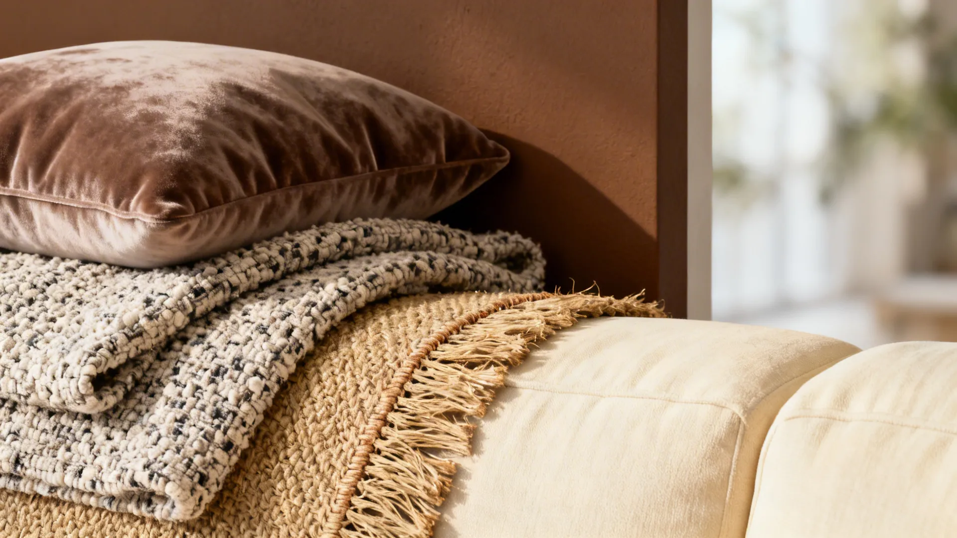 Close-up of velvet cushion, boucle throw and sisal rug against a brown accent wall