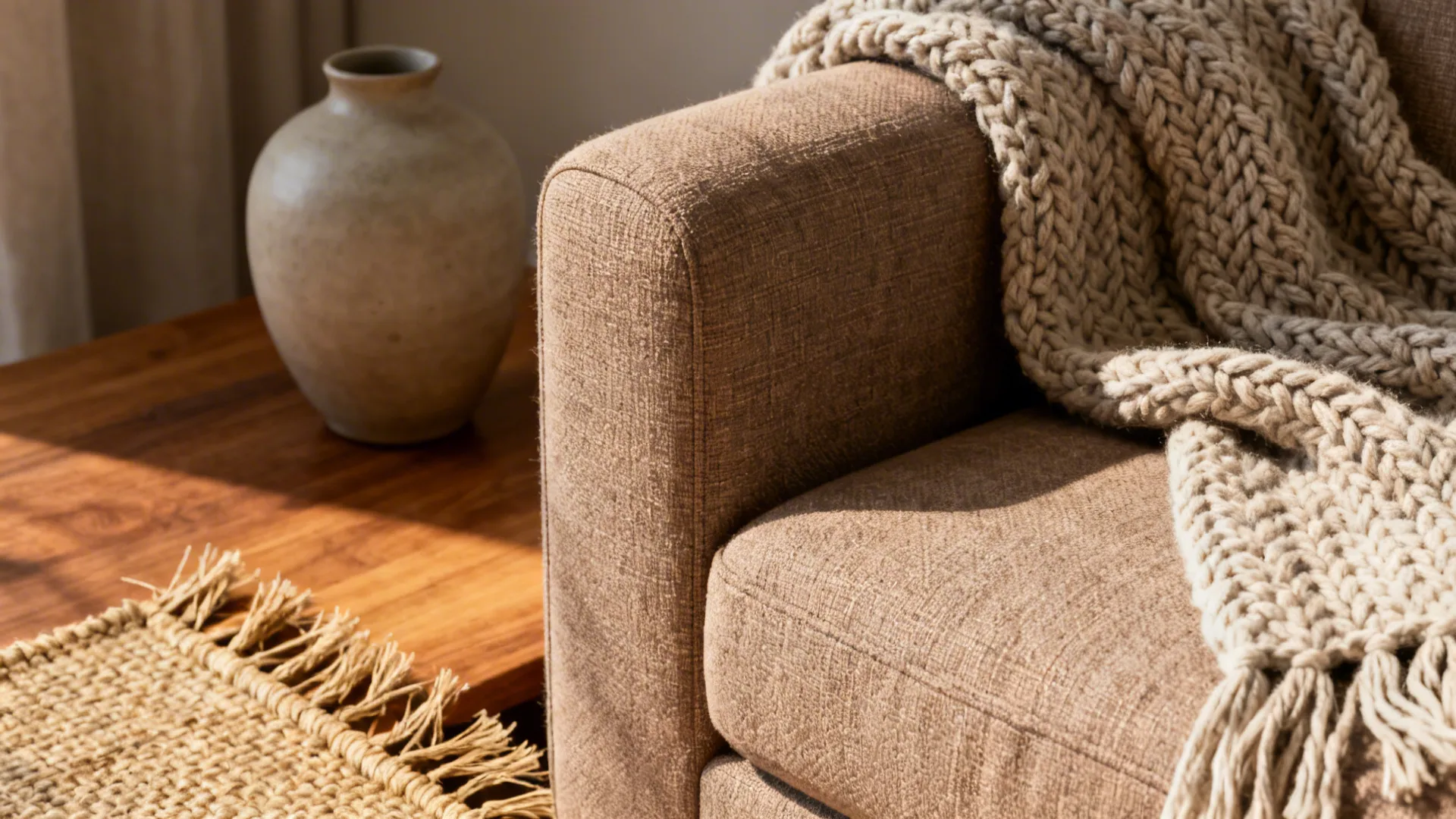 Close-up of a light brown sofa with chunky knit throw, jute rug and matte ceramic vase showcasing layered textures.