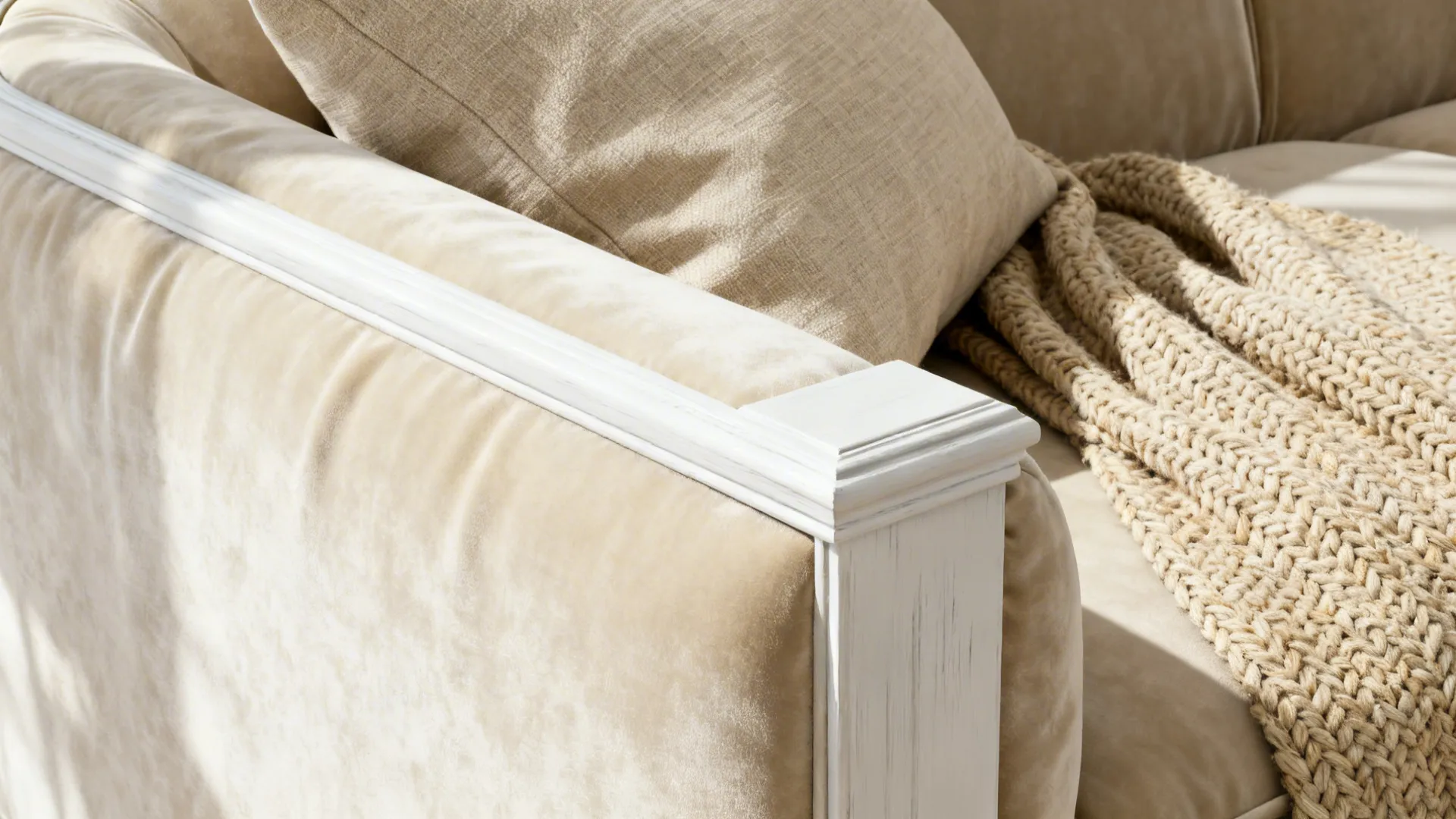 Close-up of cream and beige textiles showing velvet, linen and woven throws
