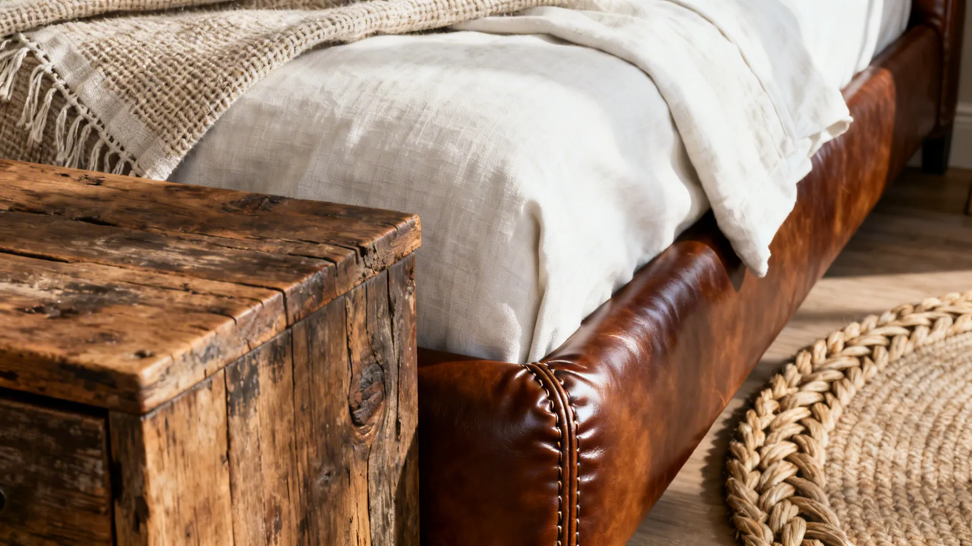 Close-up of linen throw, walnut nightstand and leather headboard showing layered neutral textures.