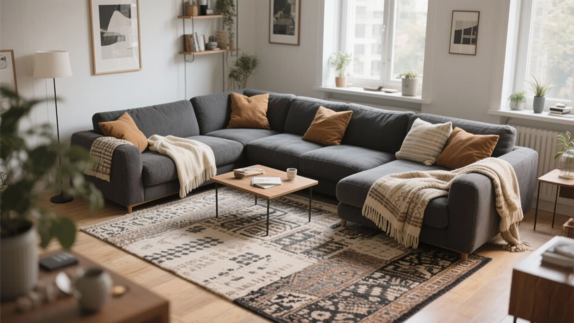 Gray sectional with tan cushions and cream throws