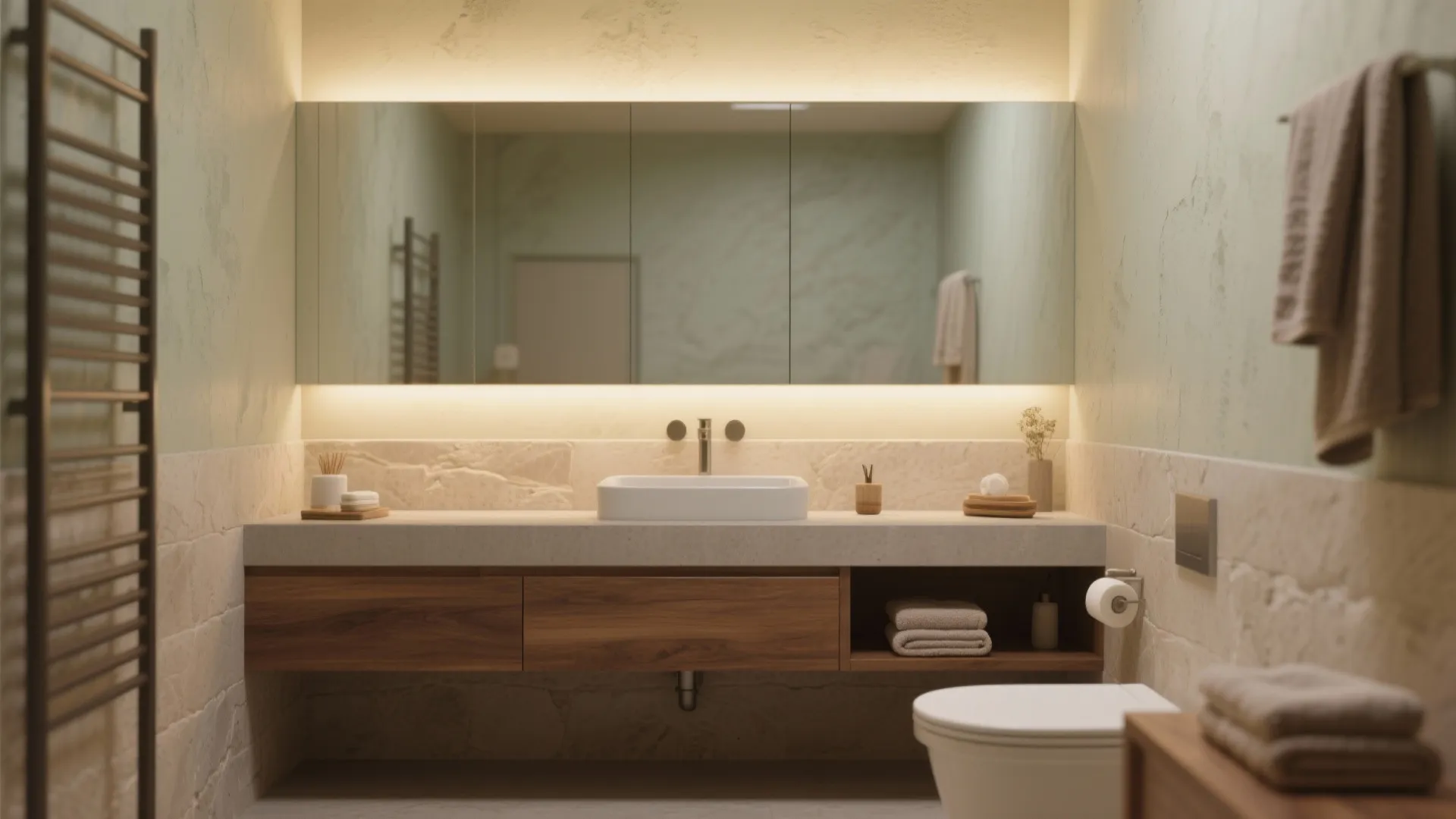 Floating walnut vanity against layered warm neutral limewash wall with matte sealer at splash zone.