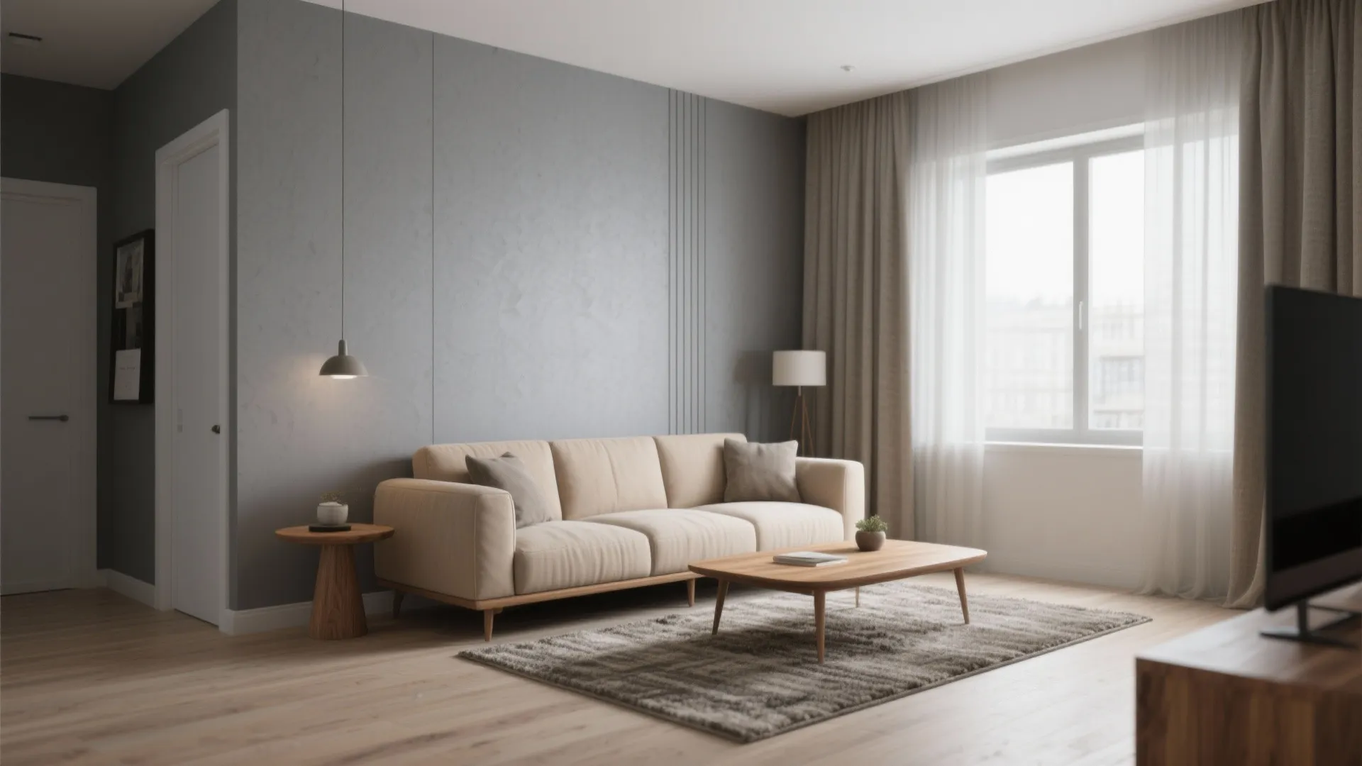 Modern living room with beige sofa, grey wall, wooden coffee table, rug, and natural light