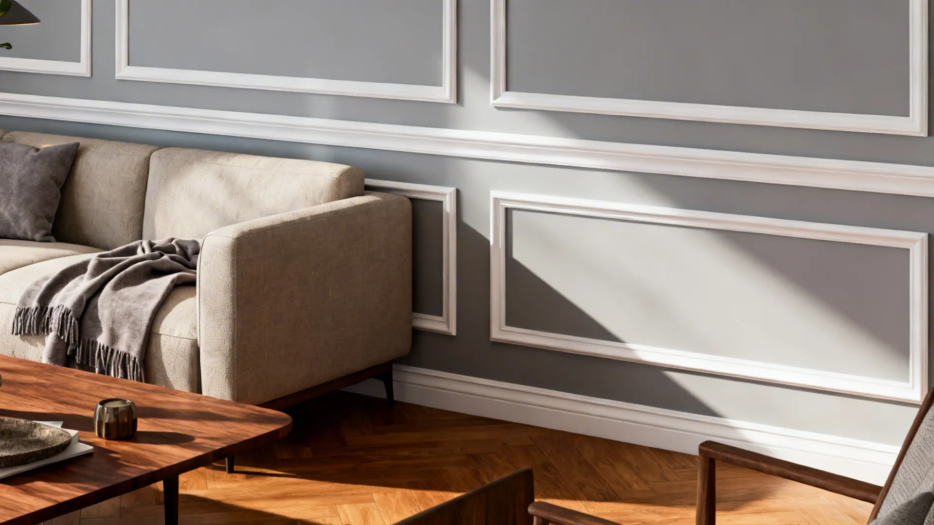 Corner of a small living room with dove grey wall, white trim, walnut coffee table and warm wood floor.